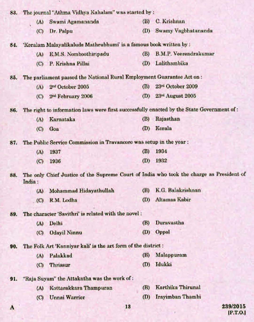 Kerala PSC Accounts Officer OMR Exam 2015 Question Paper Code 2392015 11