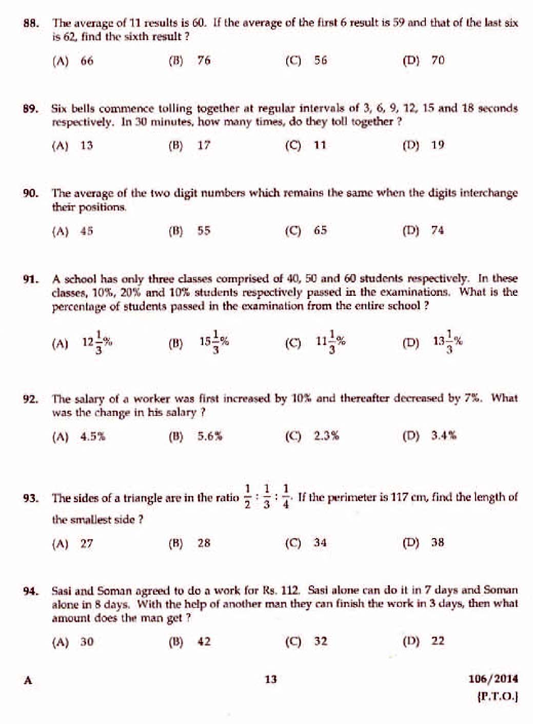 Kerala PSC Divisional Accountant OMR Exam 2014 Question Paper Code 1062014 11