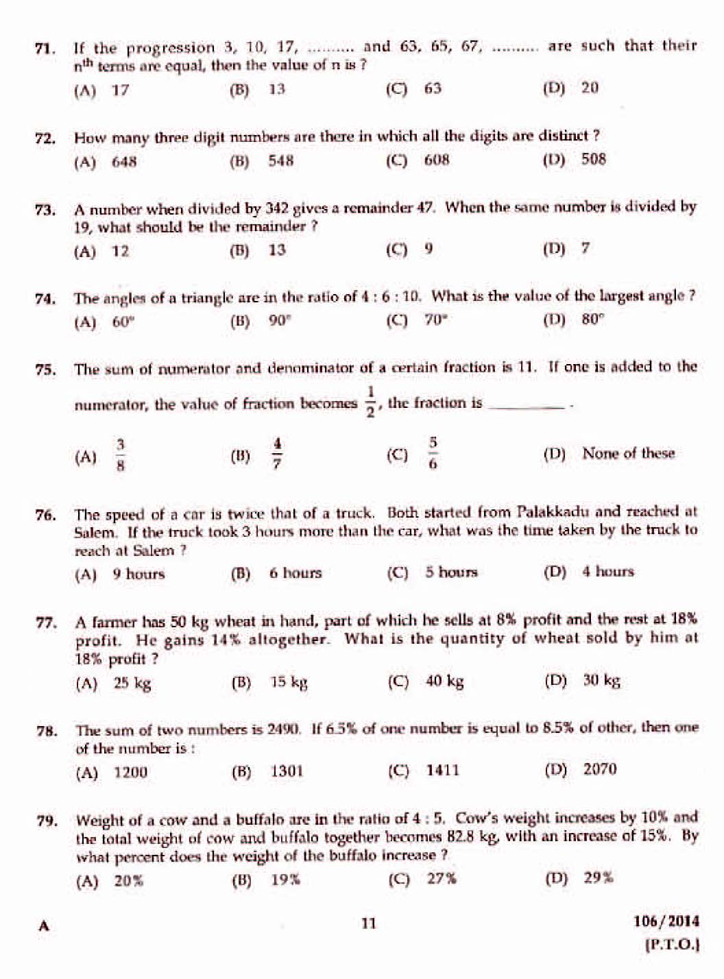 Kerala PSC Divisional Accountant OMR Exam 2014 Question Paper Code 1062014 9