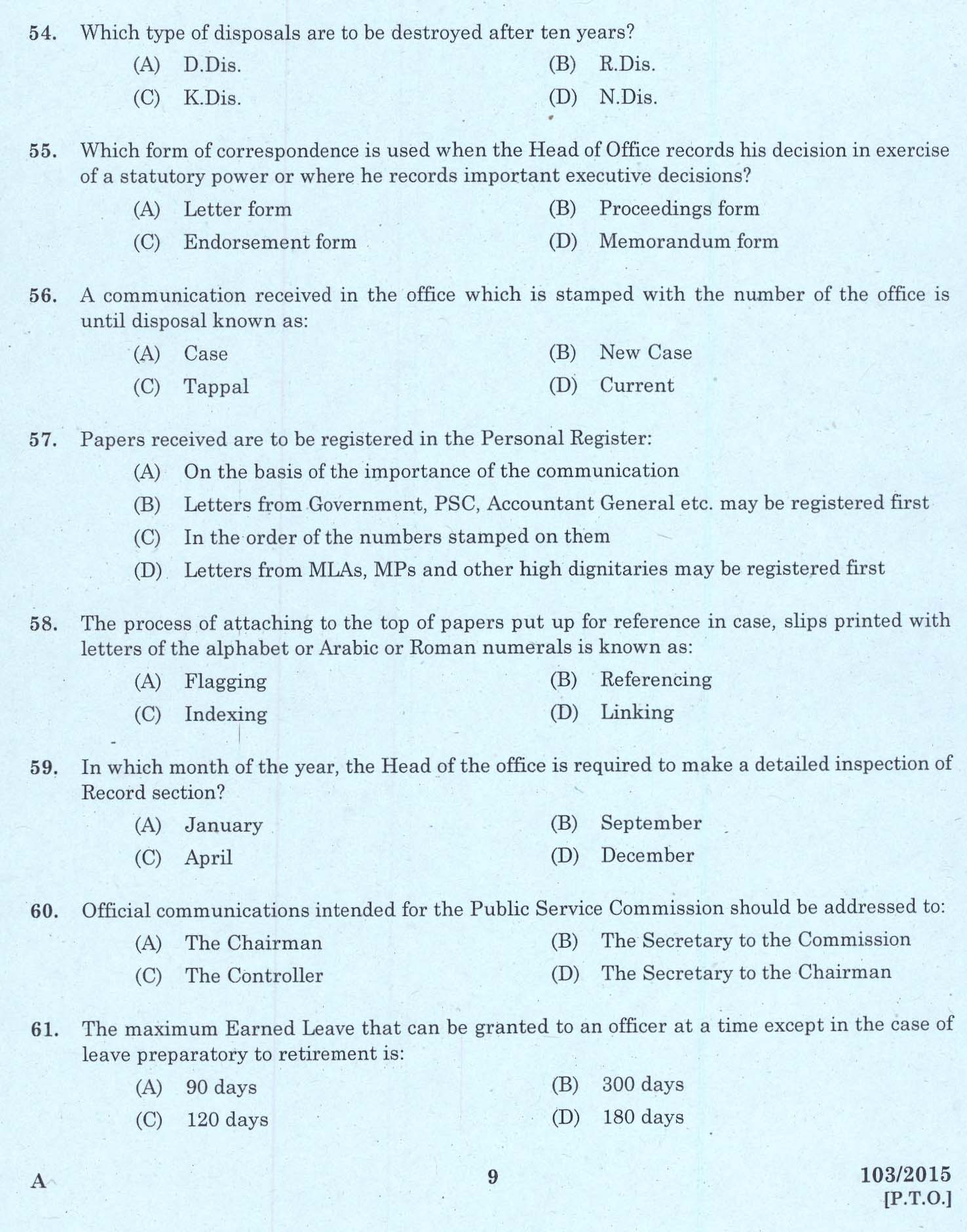 Kerala PSC Administrative Officer Exam Code 1032015 7
