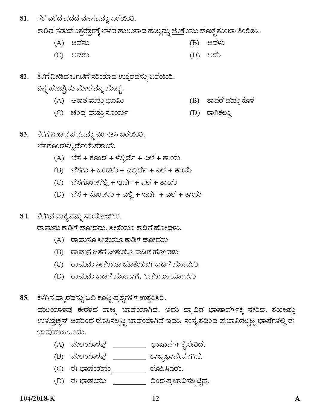 KPSC Assistant Auditor Kannada Exam 2018 Code 1042018 11