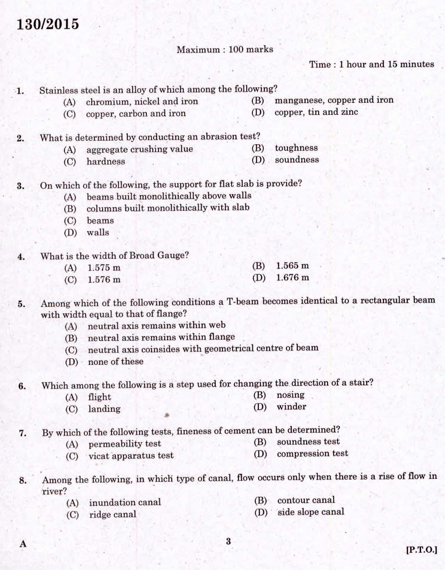 Kerala PSC Assistant Engineer Civil Exam 2015 Question Paper Code 1302015 1
