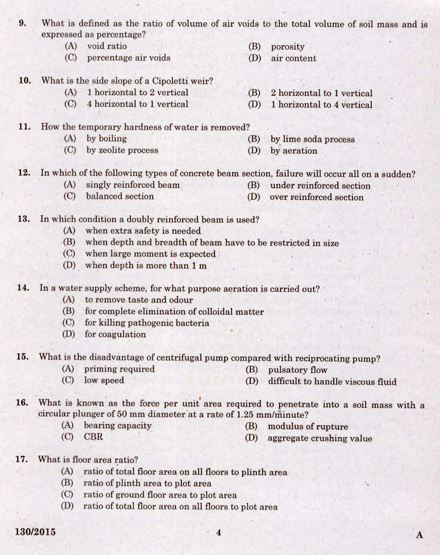 Kerala PSC Assistant Engineer Civil Exam 2015 Question Paper Code 1302015 2