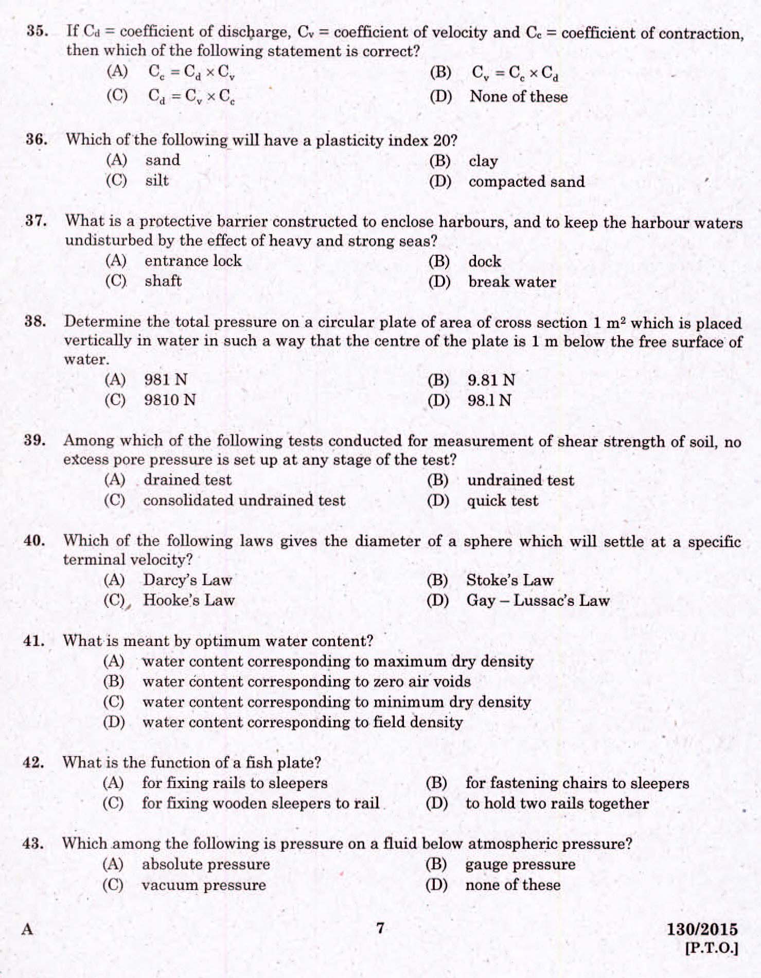 Kerala PSC Assistant Engineer Civil Exam 2015 Question Paper Code 1302015 5