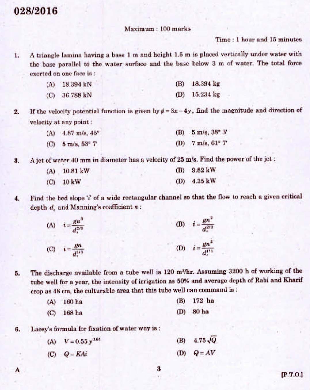 Kerala PSC Assistant Engineer Civil Exam 2016 Question Paper Code 0282016 1