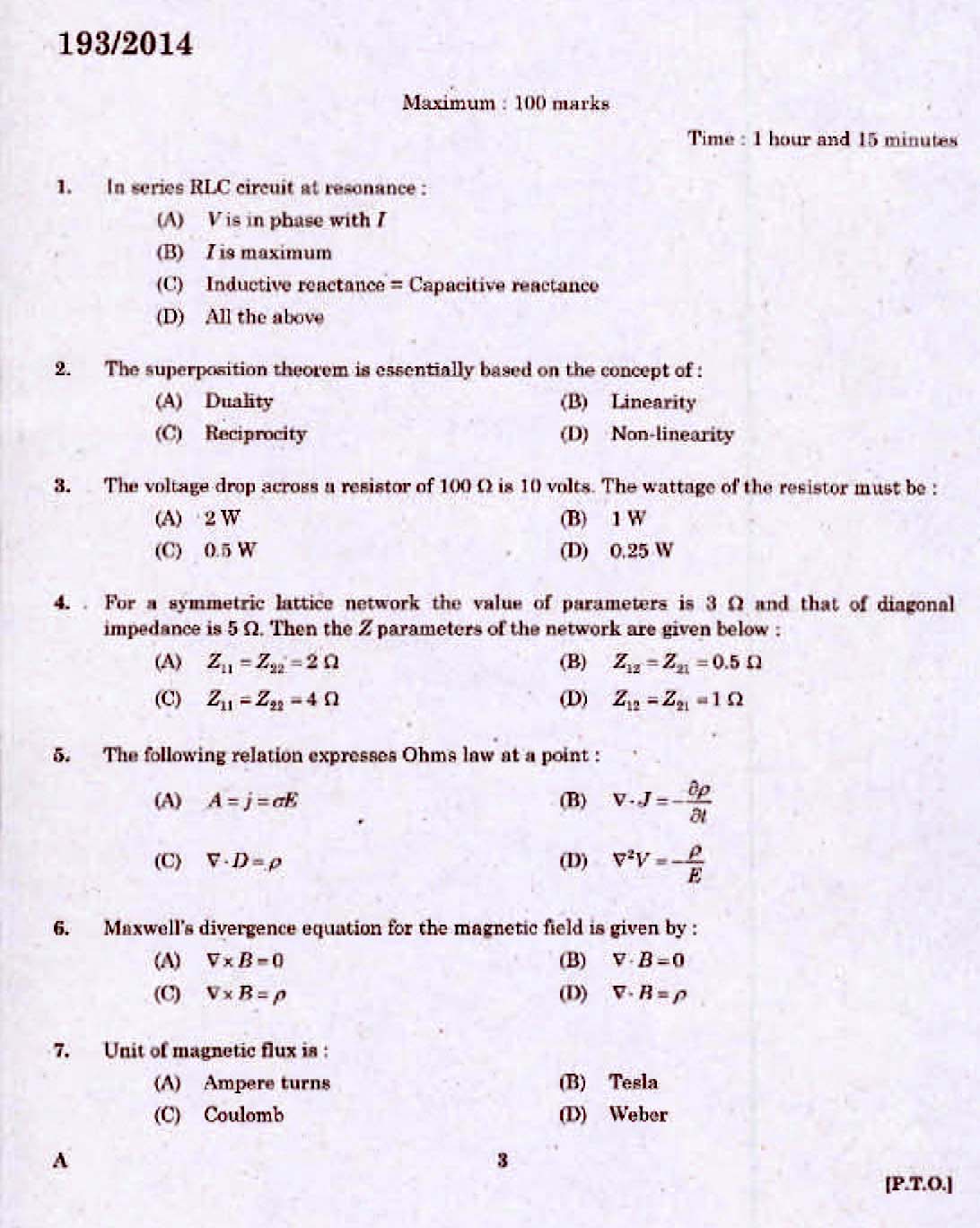 Kerala PSC Assistant Engineer Electrical Exam 2014 Question Paper Code 1932014 1
