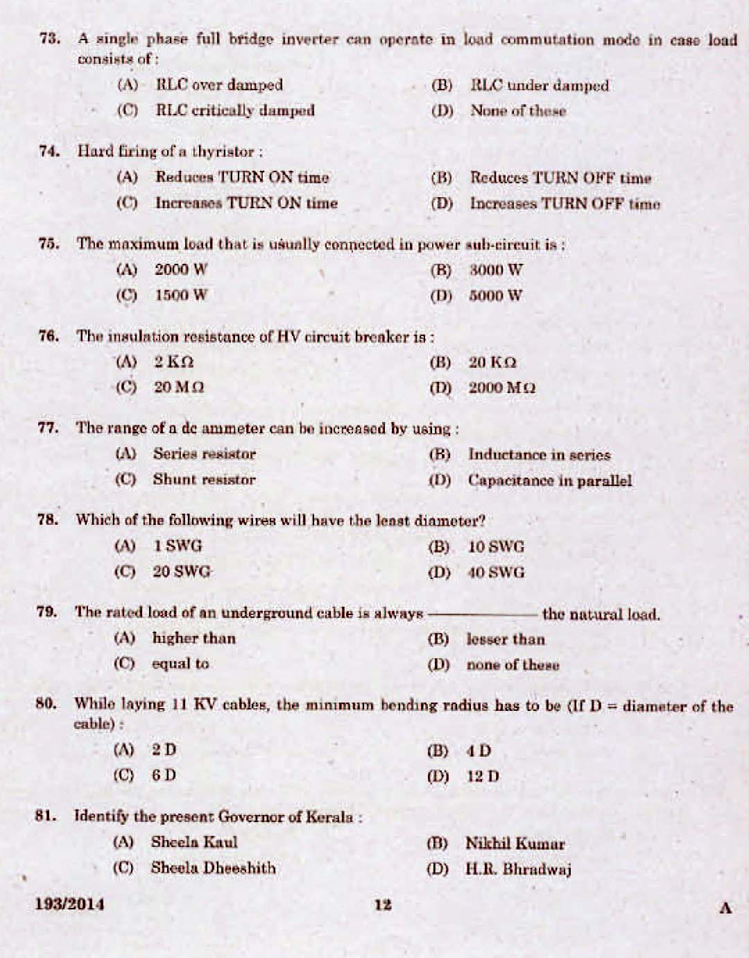 Kerala PSC Assistant Engineer Electrical Exam 2014 Question Paper Code 1932014 10