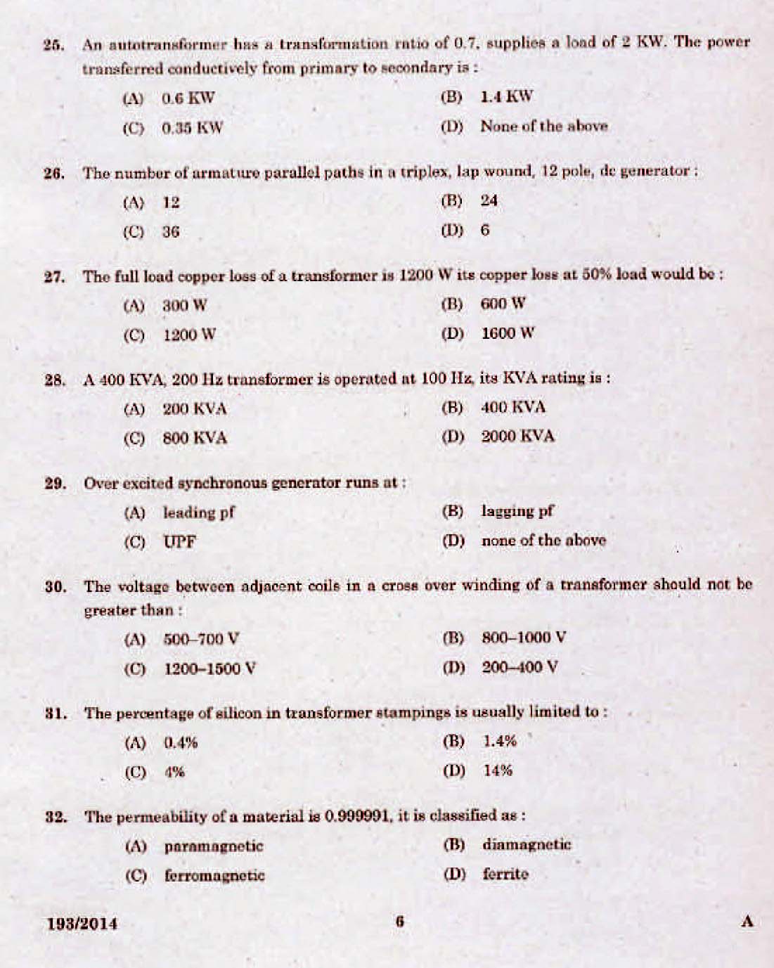 Kerala PSC Assistant Engineer Electrical Exam 2014 Question Paper Code 1932014 4