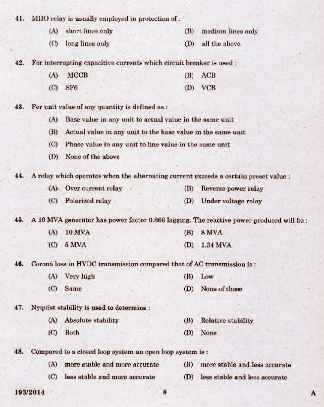 Kerala PSC Assistant Engineer Electrical Exam 2014 Question Paper Code 1932014 6