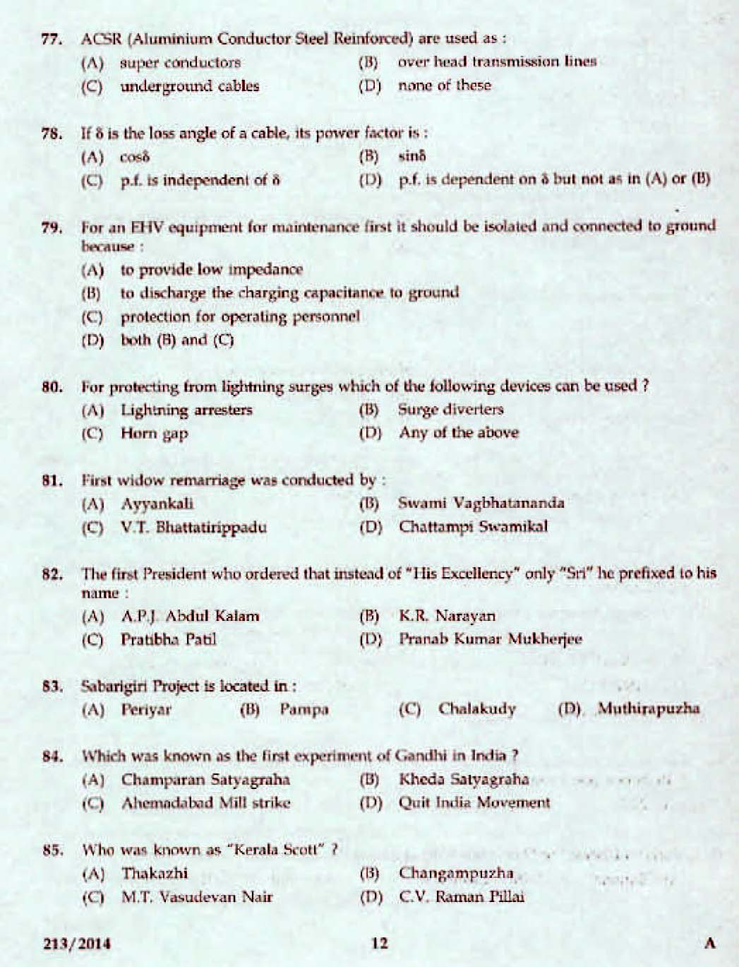 Kerala PSC Assistant Engineer Electrical Exam 2014 Question Paper Code 2132014 10