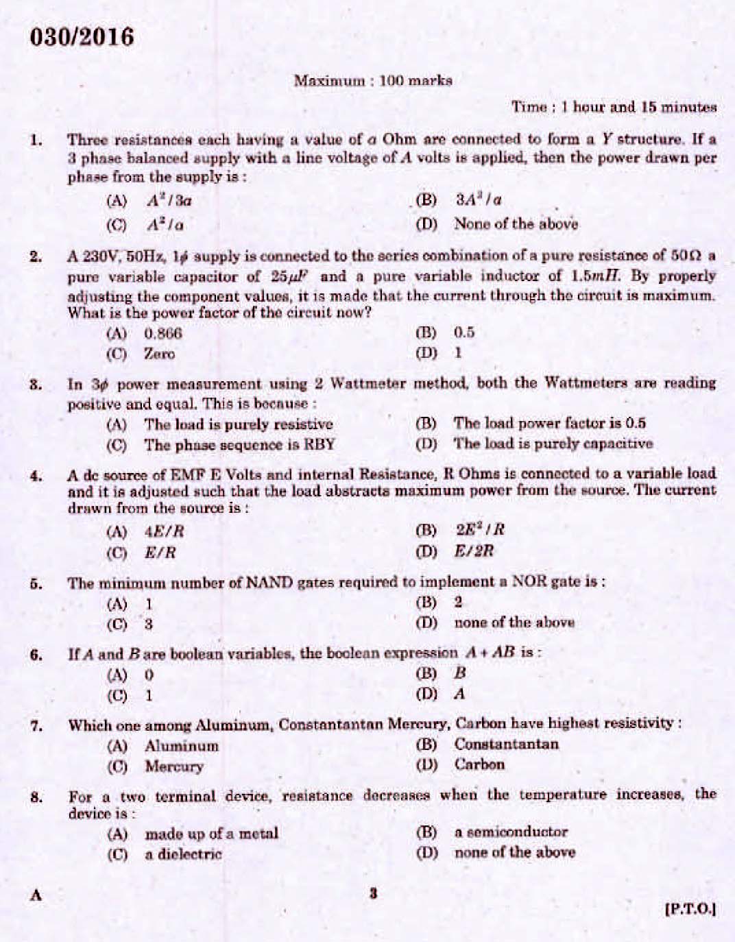 Kerala PSC Assistant Engineer Electrical Exam 2016 Question Paper Code 0302016 1