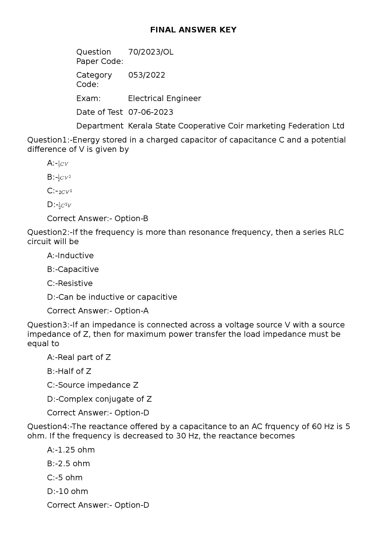 KPSC Assistant Engineer Electrical Exam 2023 Code 702023OL 1
