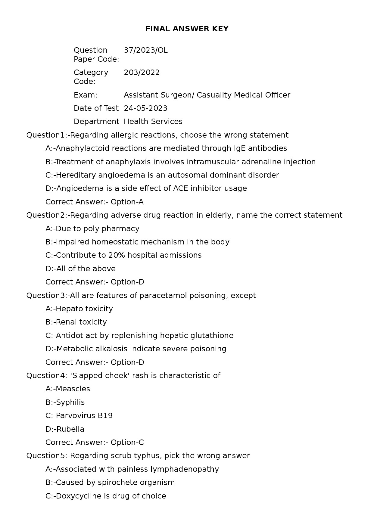 KPSC Assistant Surgeon Exam 2023 Code 372023OL 1
