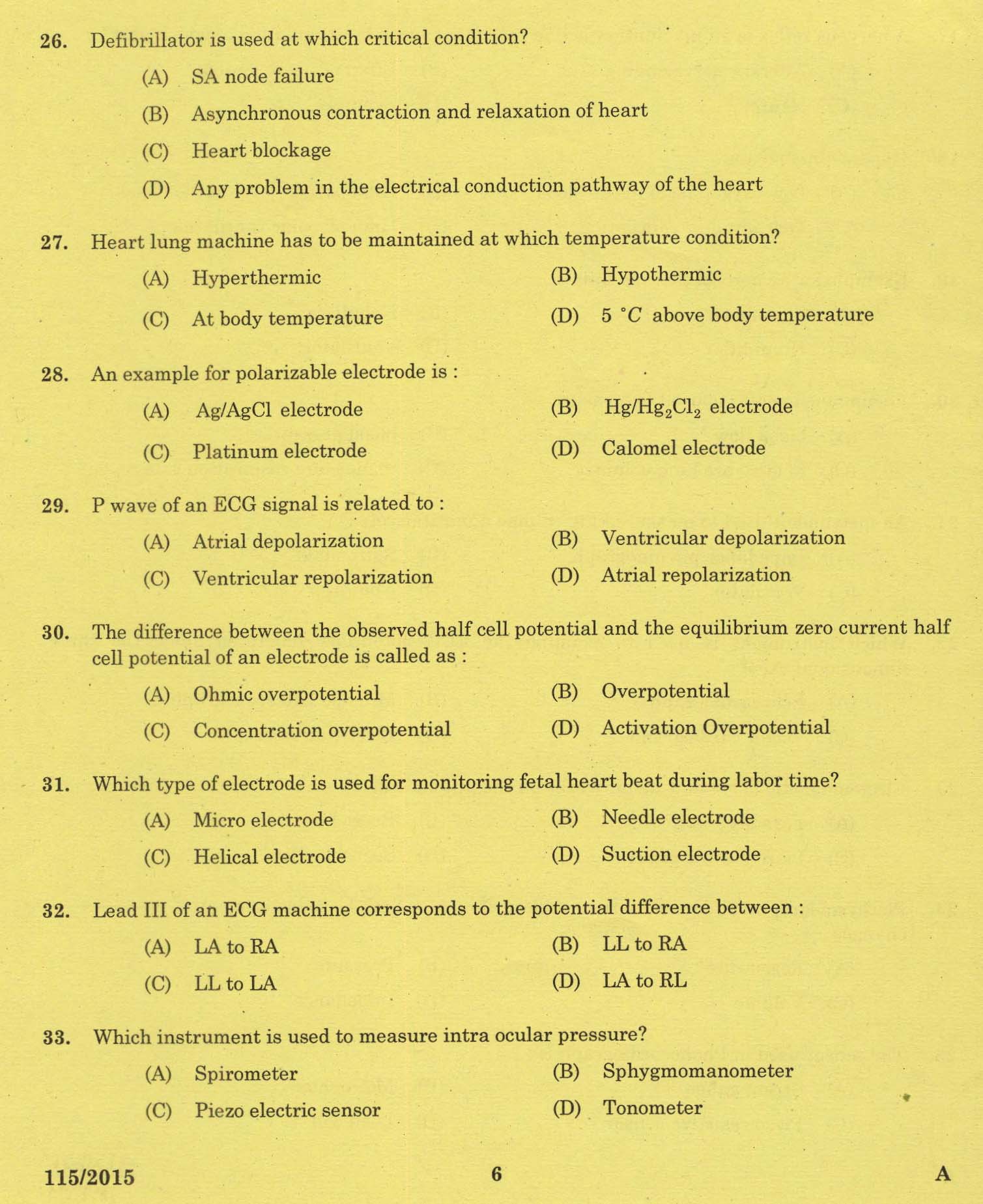 Kerala PSC Bio Medical Engineer Exam Question Code 1152015 4