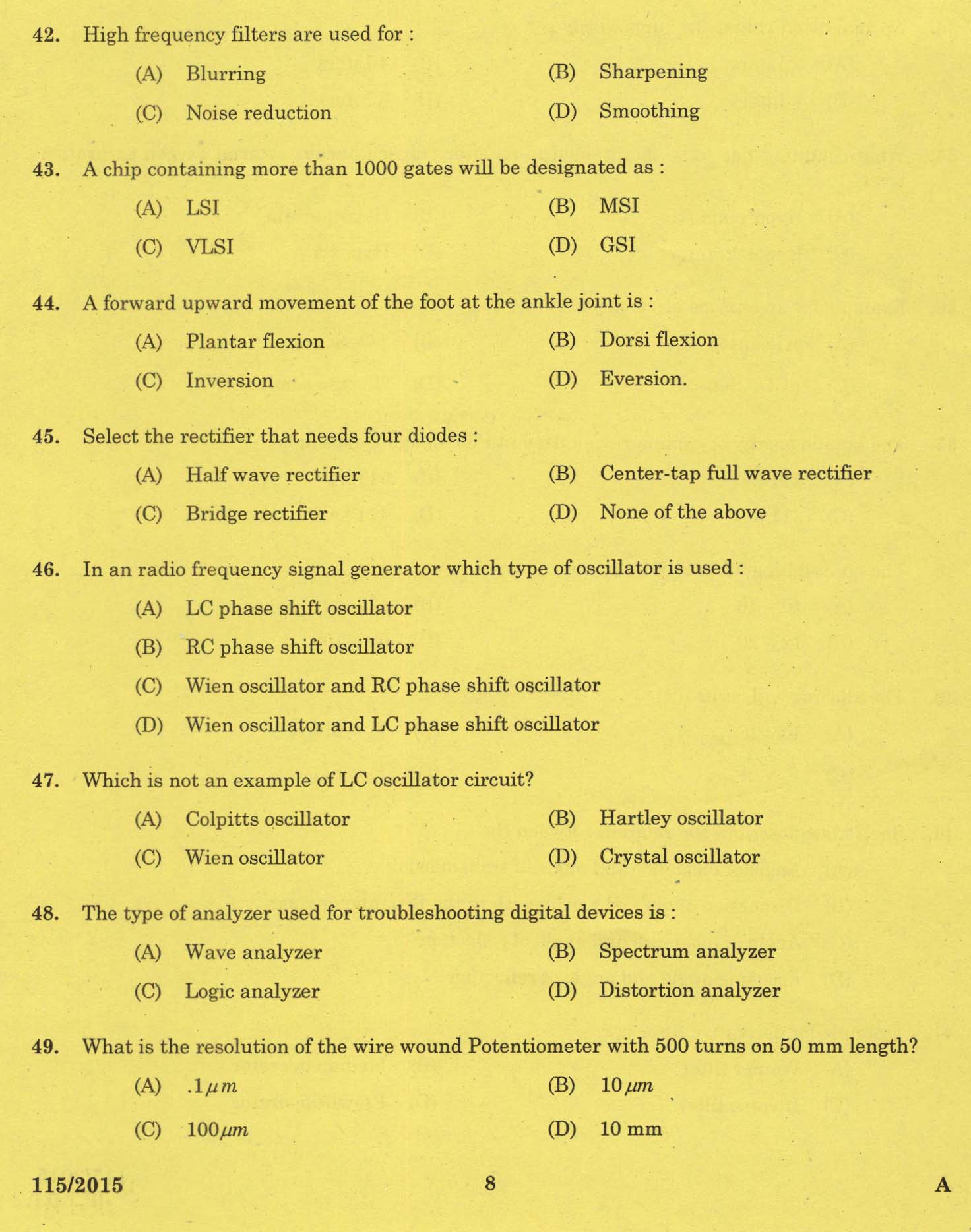 Kerala PSC Bio Medical Engineer Exam Question Code 1152015 6