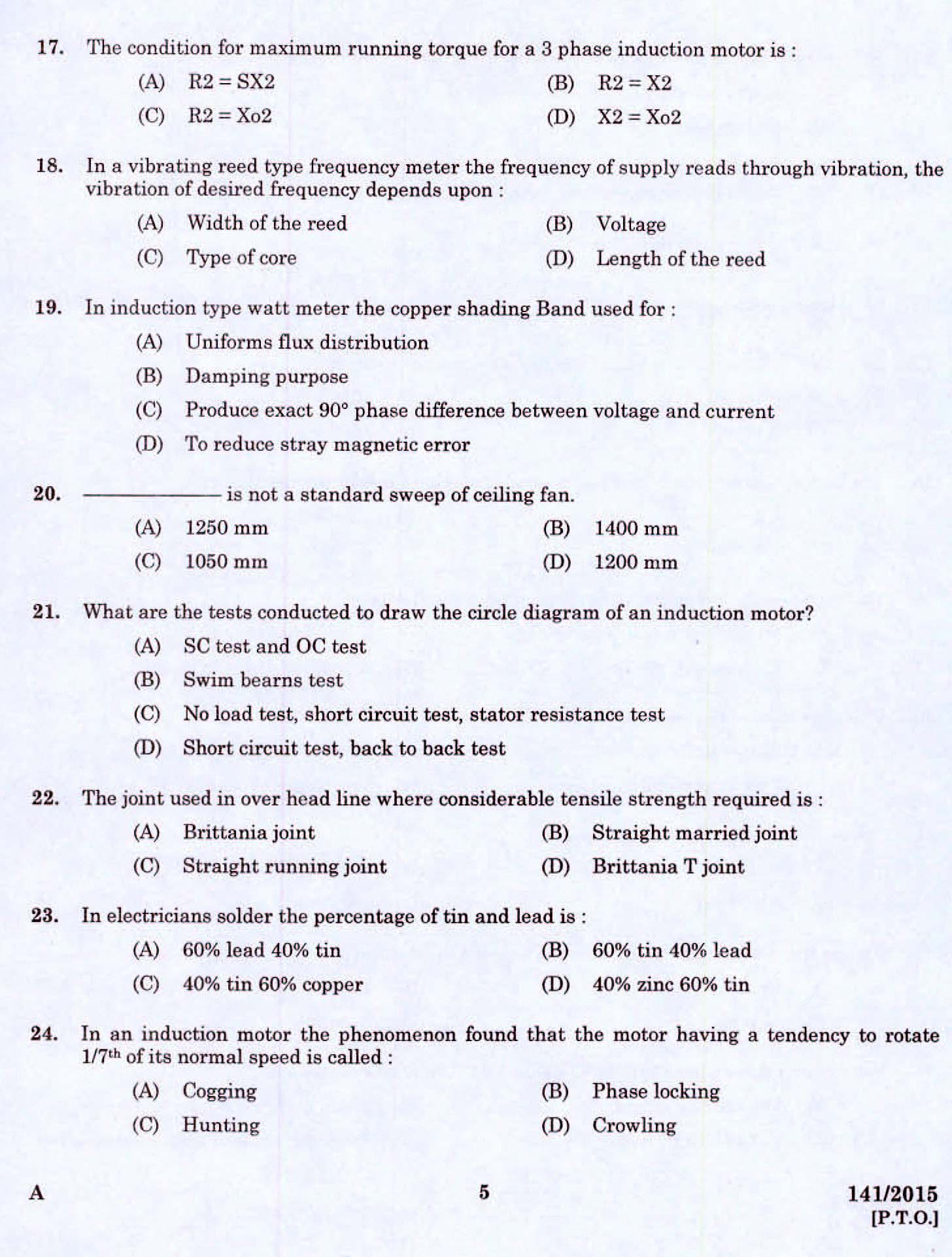 Kerala PSC Electrician Exam 2015 Question Paper Code 1412015 3