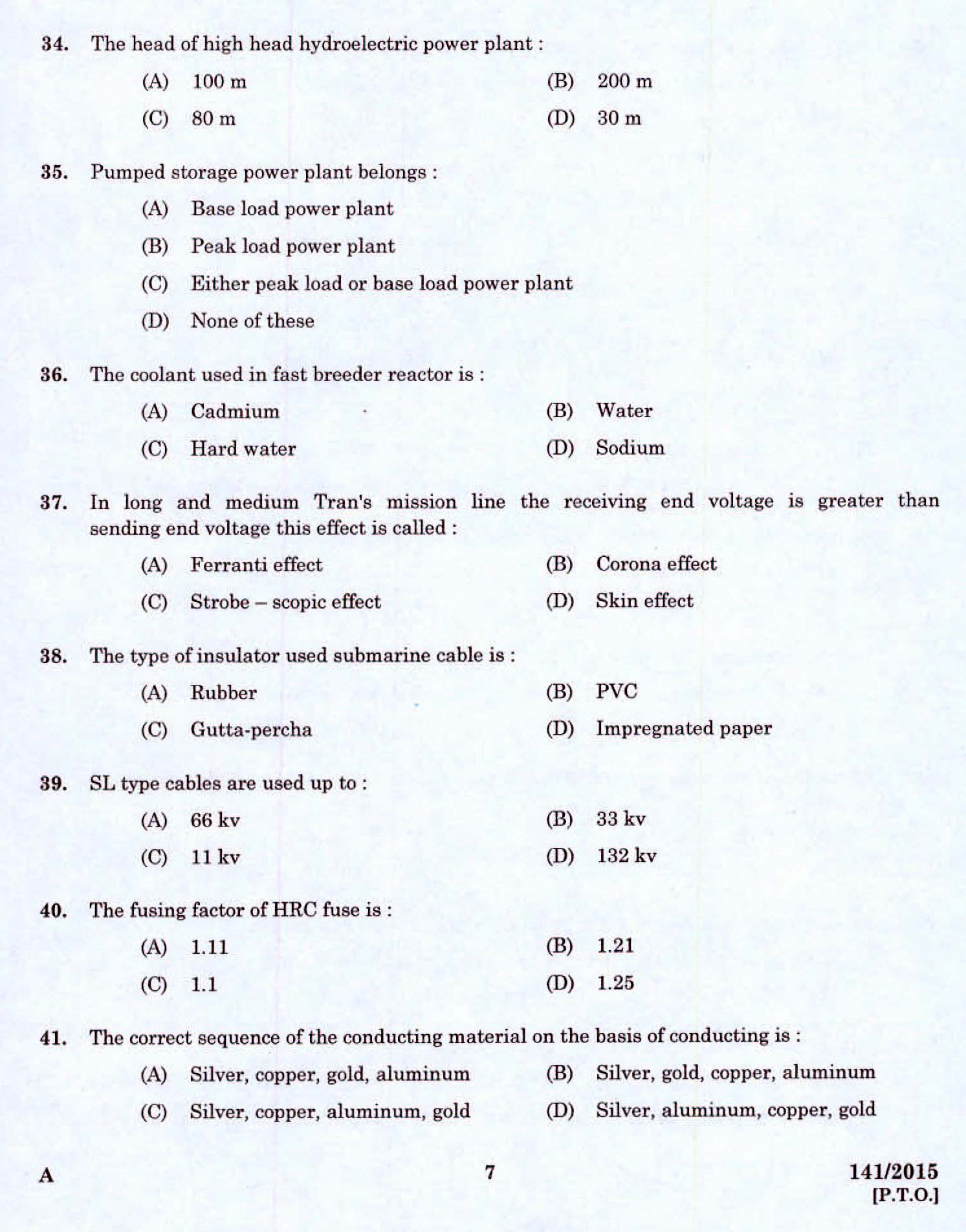 Kerala PSC Electrician Exam 2015 Question Paper Code 1412015 5