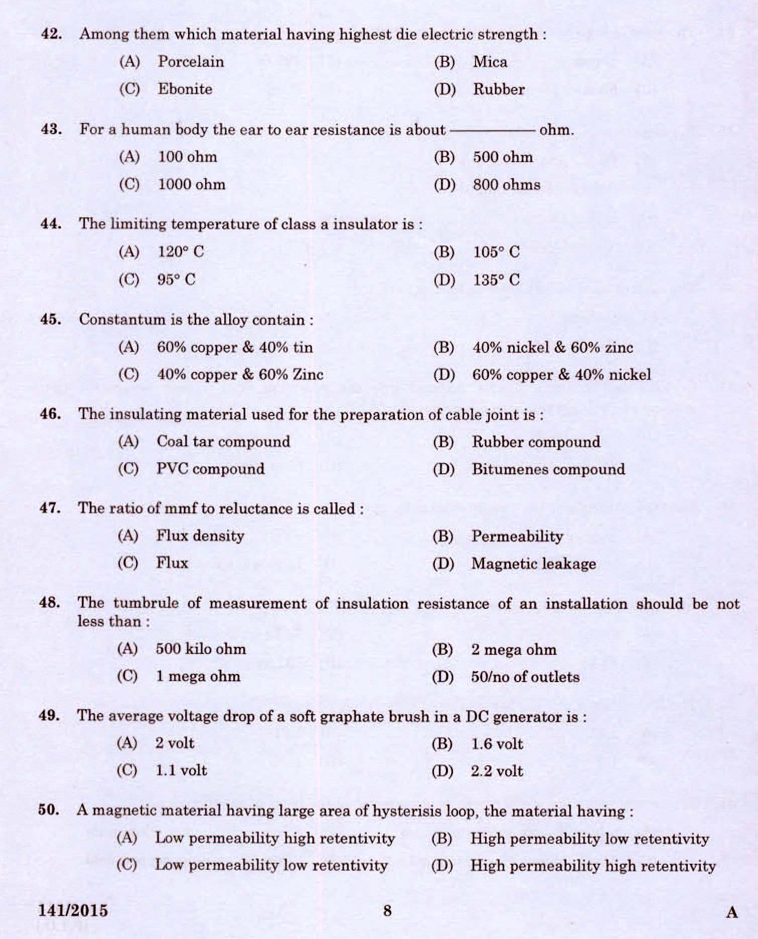 Kerala PSC Electrician Exam 2015 Question Paper Code 1412015 6
