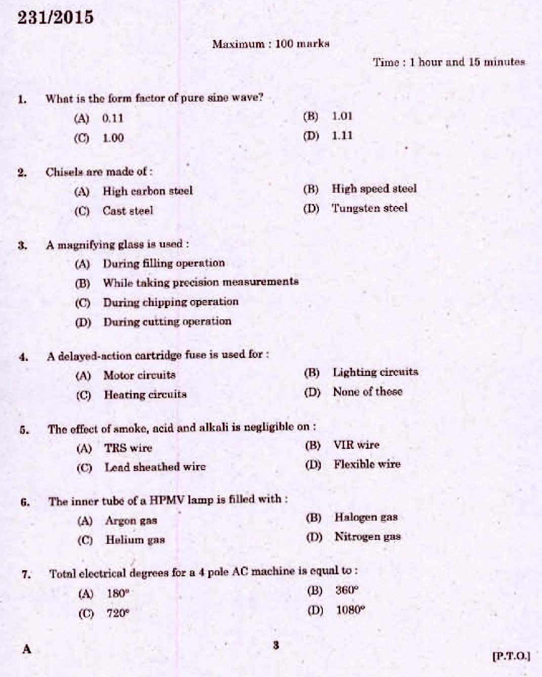 Kerala PSC Electrician Exam 2015 Question Paper Code 2312015 1