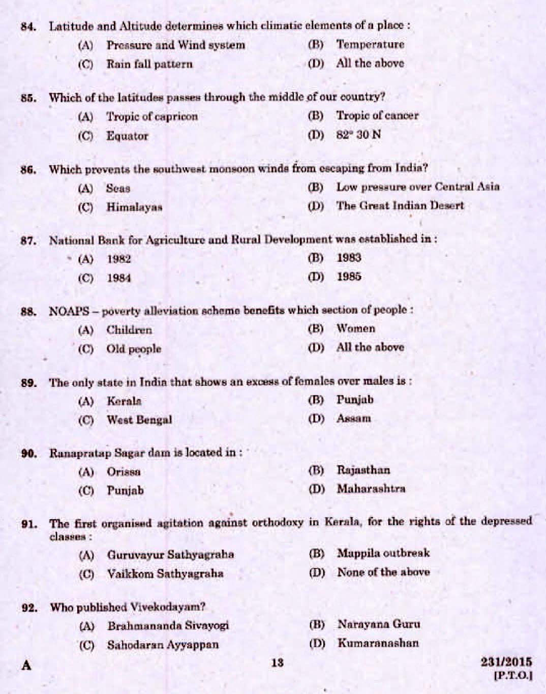 Kerala PSC Electrician Exam 2015 Question Paper Code 2312015 11