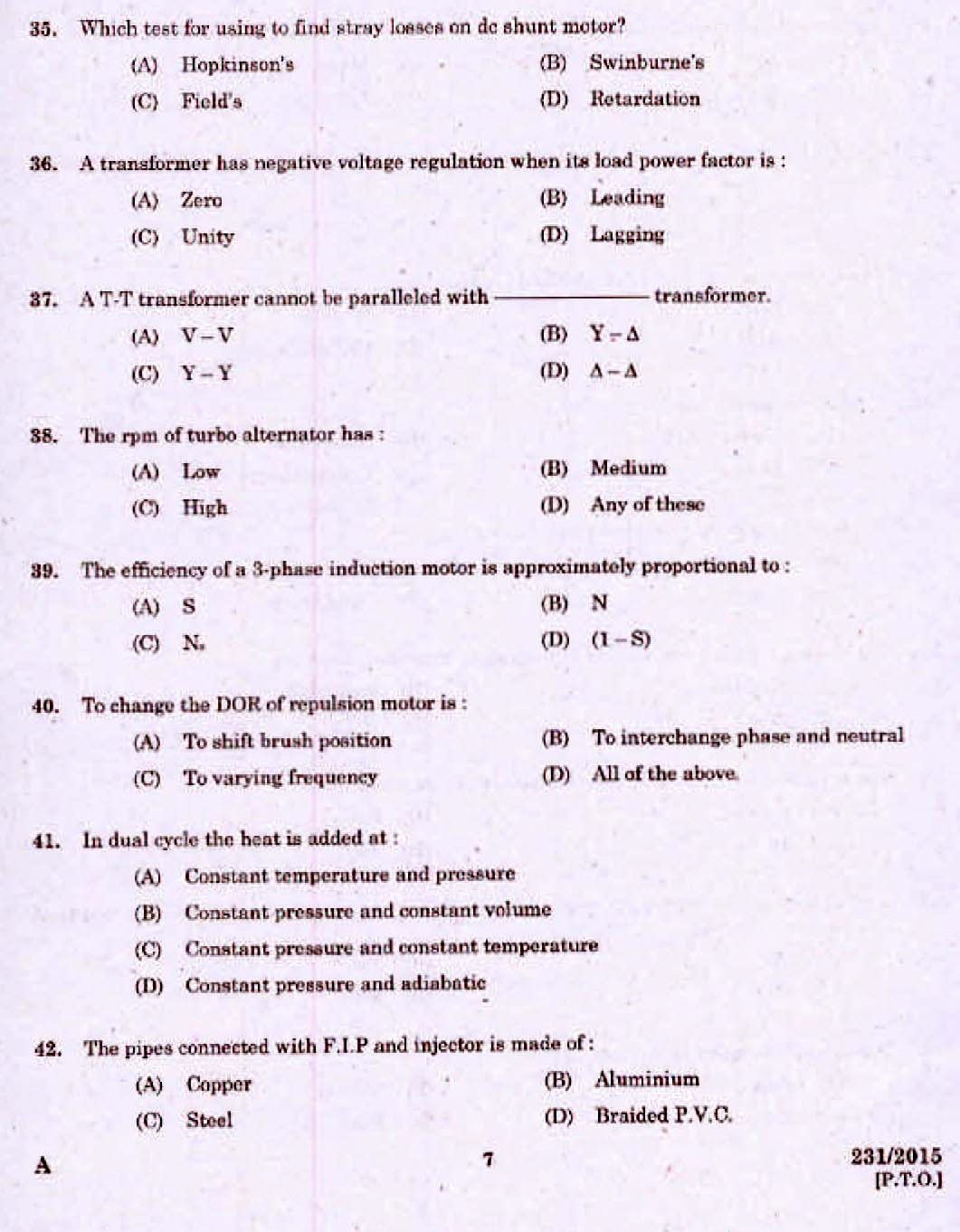 Kerala PSC Electrician Exam 2015 Question Paper Code 2312015 5