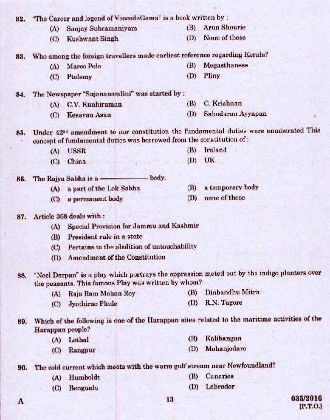 Kerala PSC Electrician Exam 2016 Question Paper Code 0352016 11