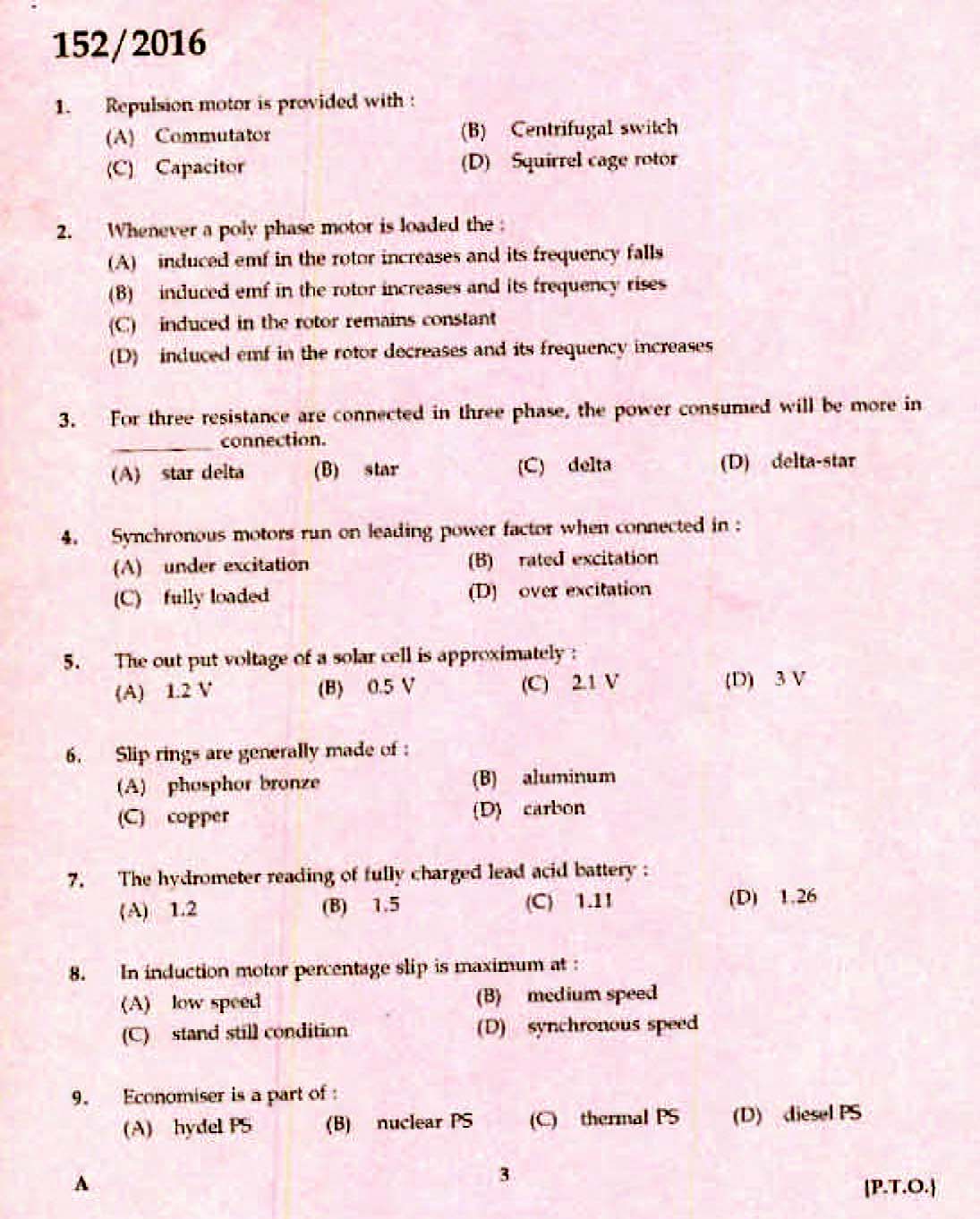 Kerala PSC Electrician Exam 2016 Question Paper Code 1522016 1