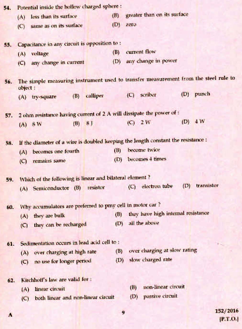 Kerala PSC Electrician Exam 2016 Question Paper Code 1522016 7