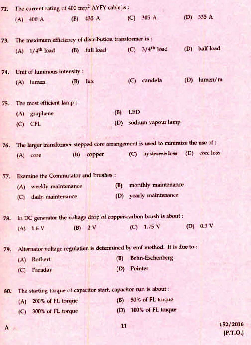 Kerala PSC Electrician Exam 2016 Question Paper Code 1522016 9