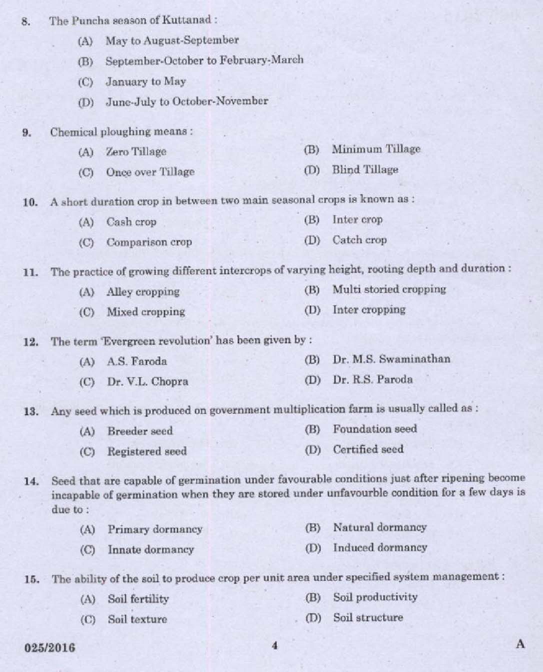 Kerala PSC Field Assistant Exam Question Code 0252016 2