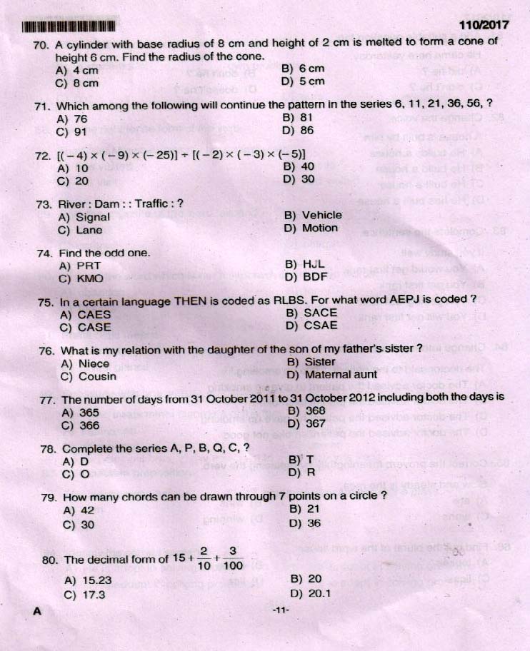 Kerala PSC Fireman Exam 2017 Question Paper Code 1102017 10