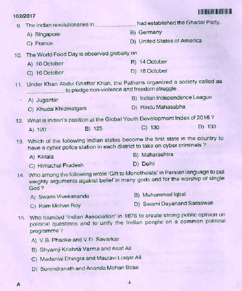 Kerala PSC High School Assistant Natural Science Question Code 1022017 3