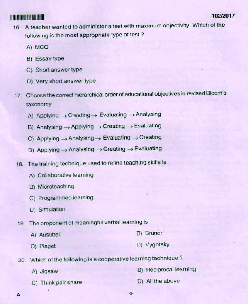 Kerala PSC High School Assistant Natural Science Question Code 1022017 4