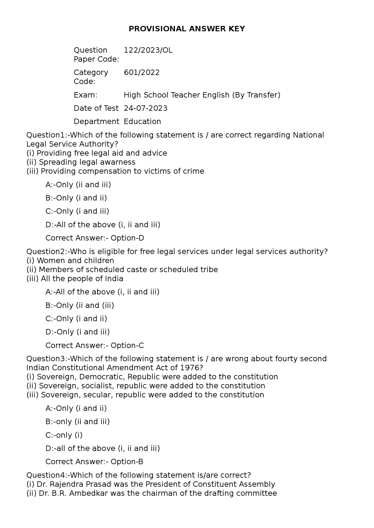 KPSC High School Teacher English Exam 2023 Code 1222023OL 1