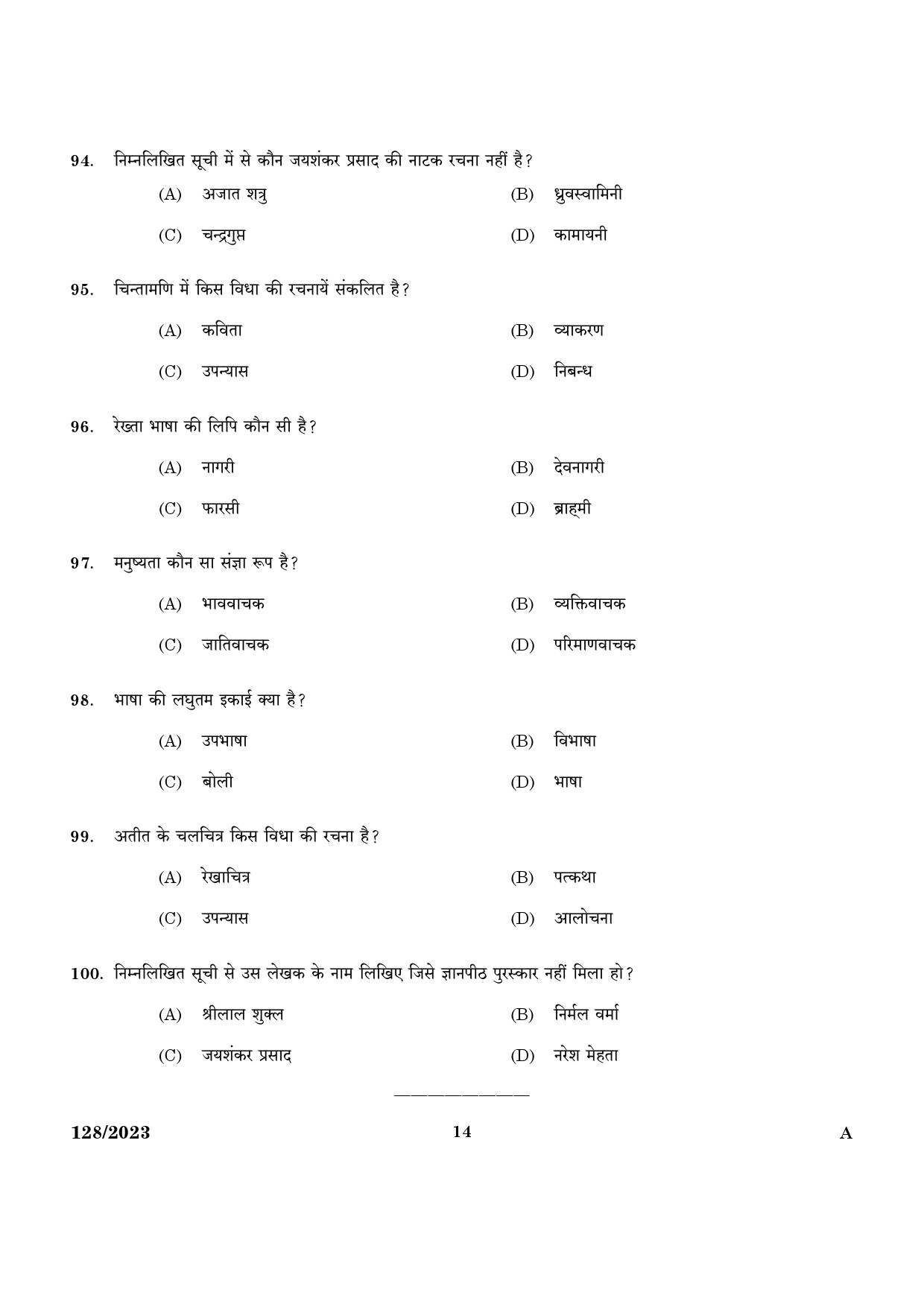 KPSC High school Teacher Hindi Exam 2023 Code 1282023 12