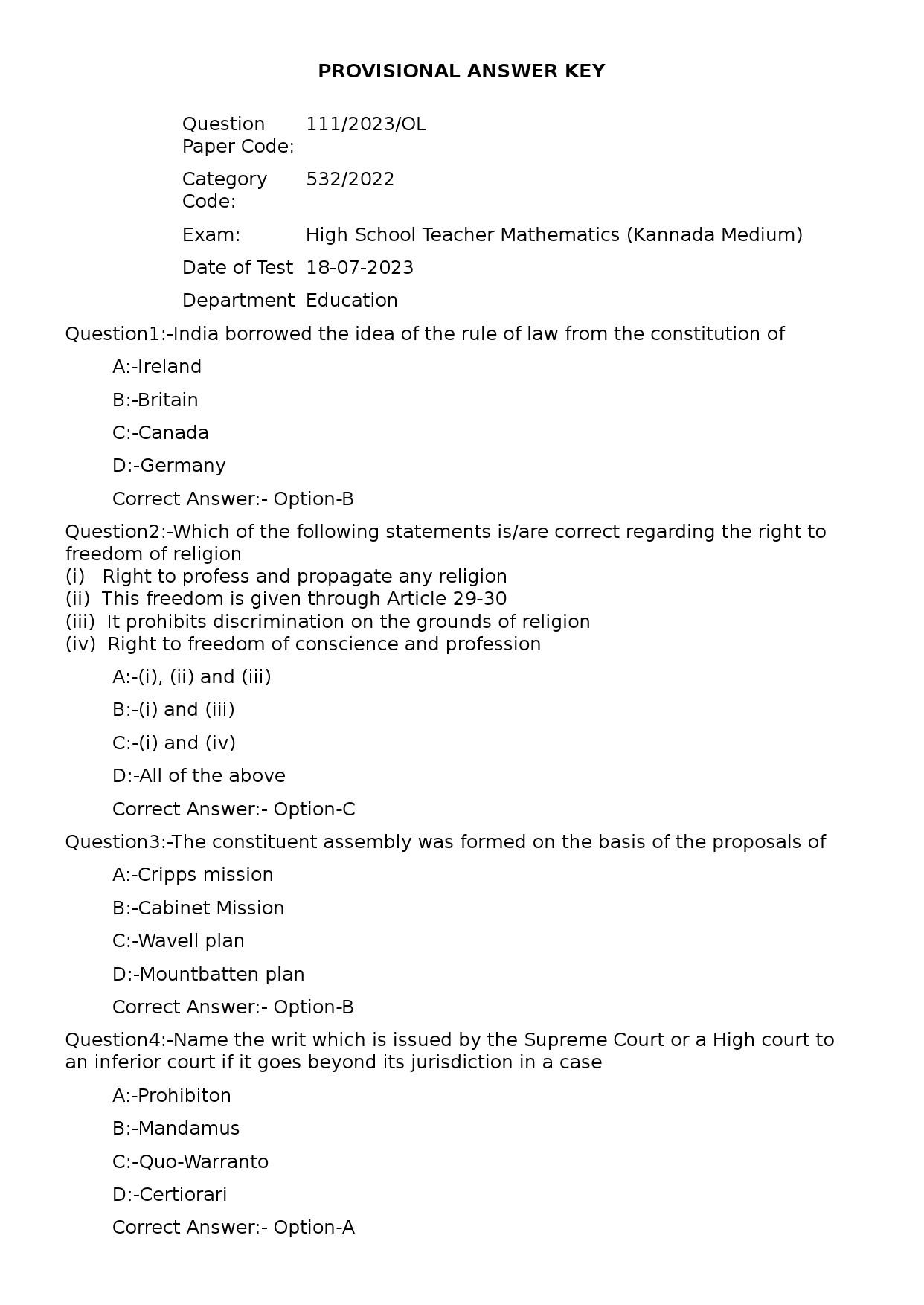 KPSC High School Teacher Mathematics Kannada Medium Exam 2023 Code 1112023OL 1