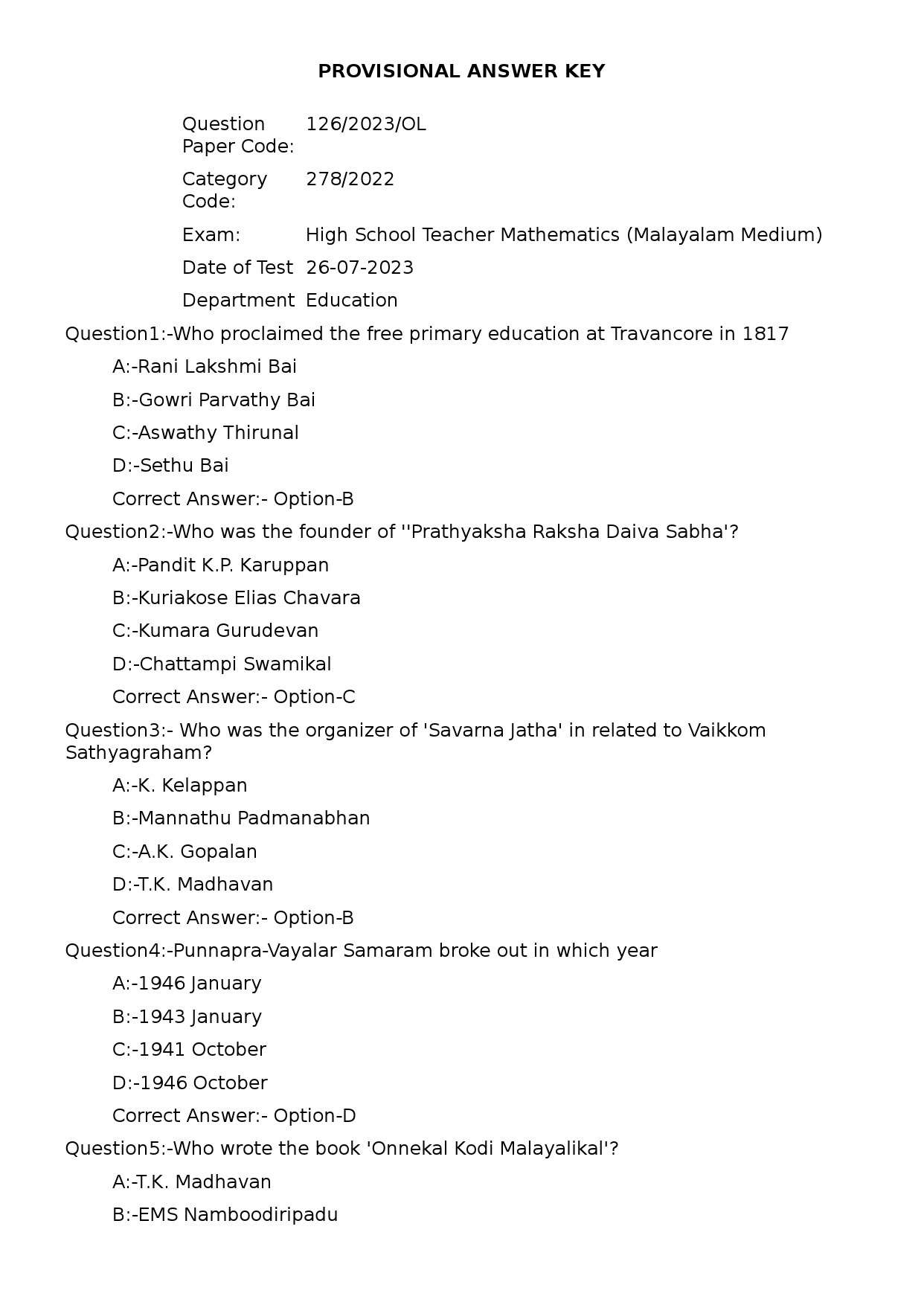 KPSC High School Teacher Mathematics Malayalam Medium Exam 2023 Code 1262023OL 1