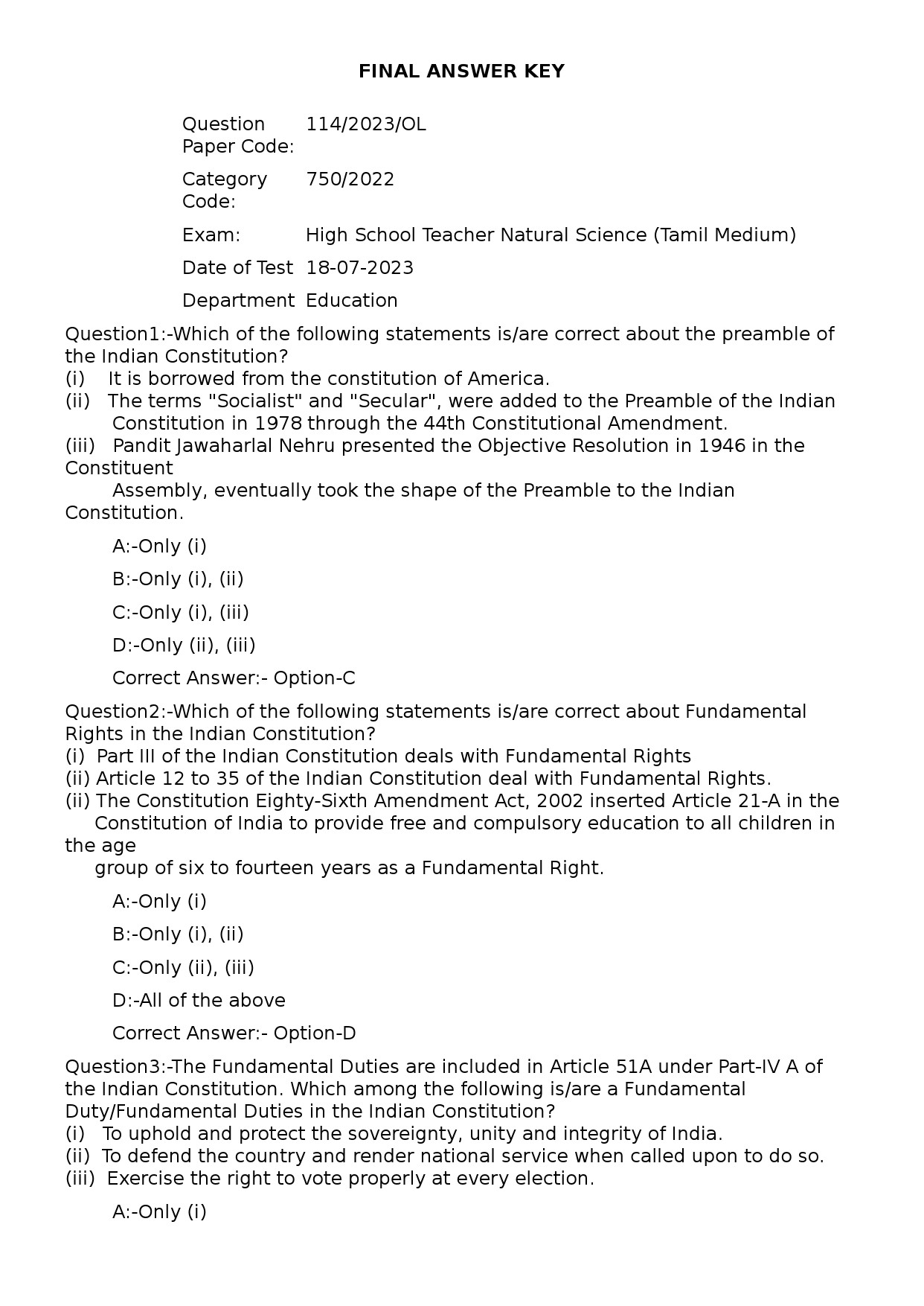 KPSC High School Teacher Natural Science Tamil Exam 2023 Code 1142023OL 1