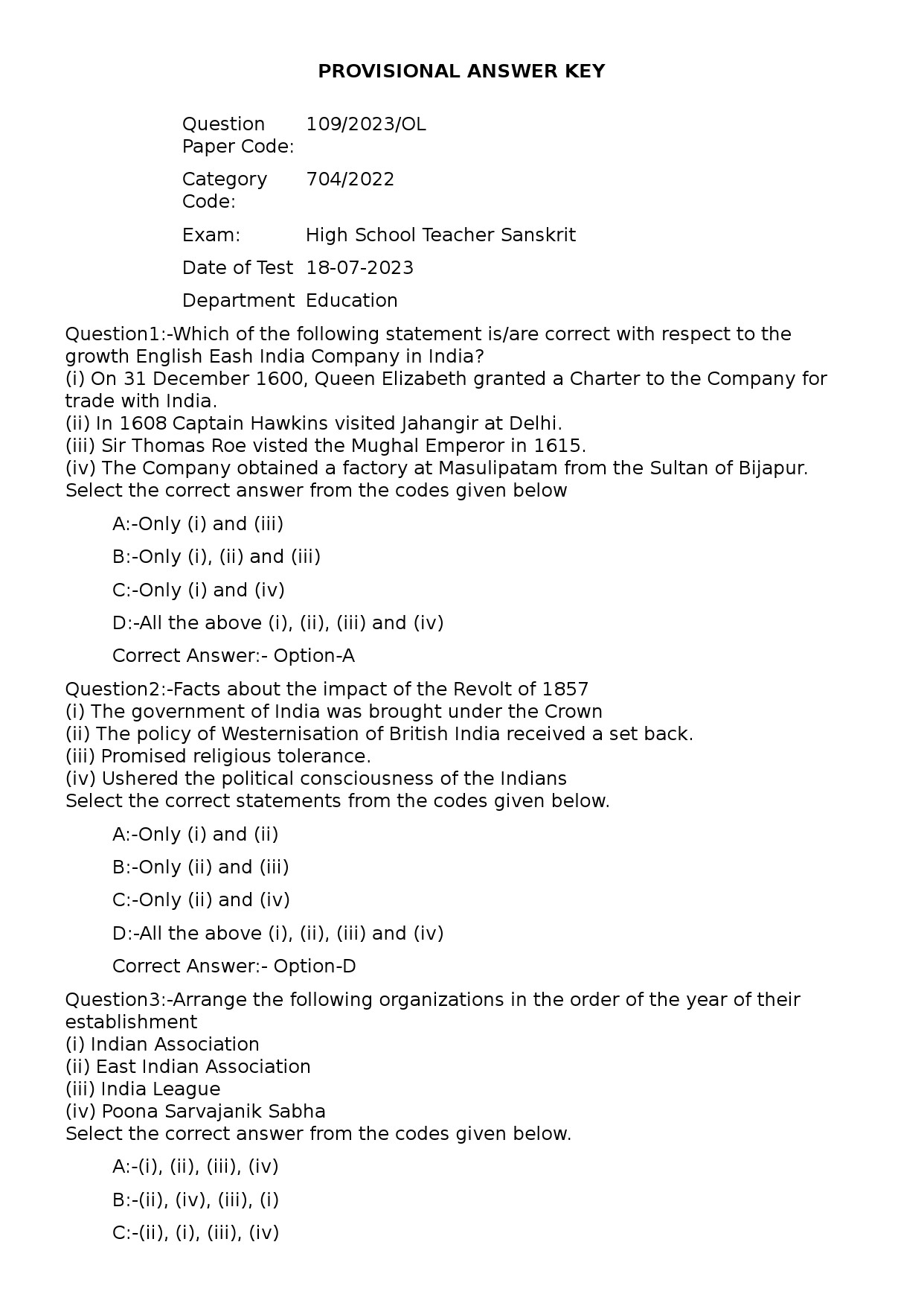 KPSC High School Teacher Sanskrit Exam 2023 Code 1092023OL 1