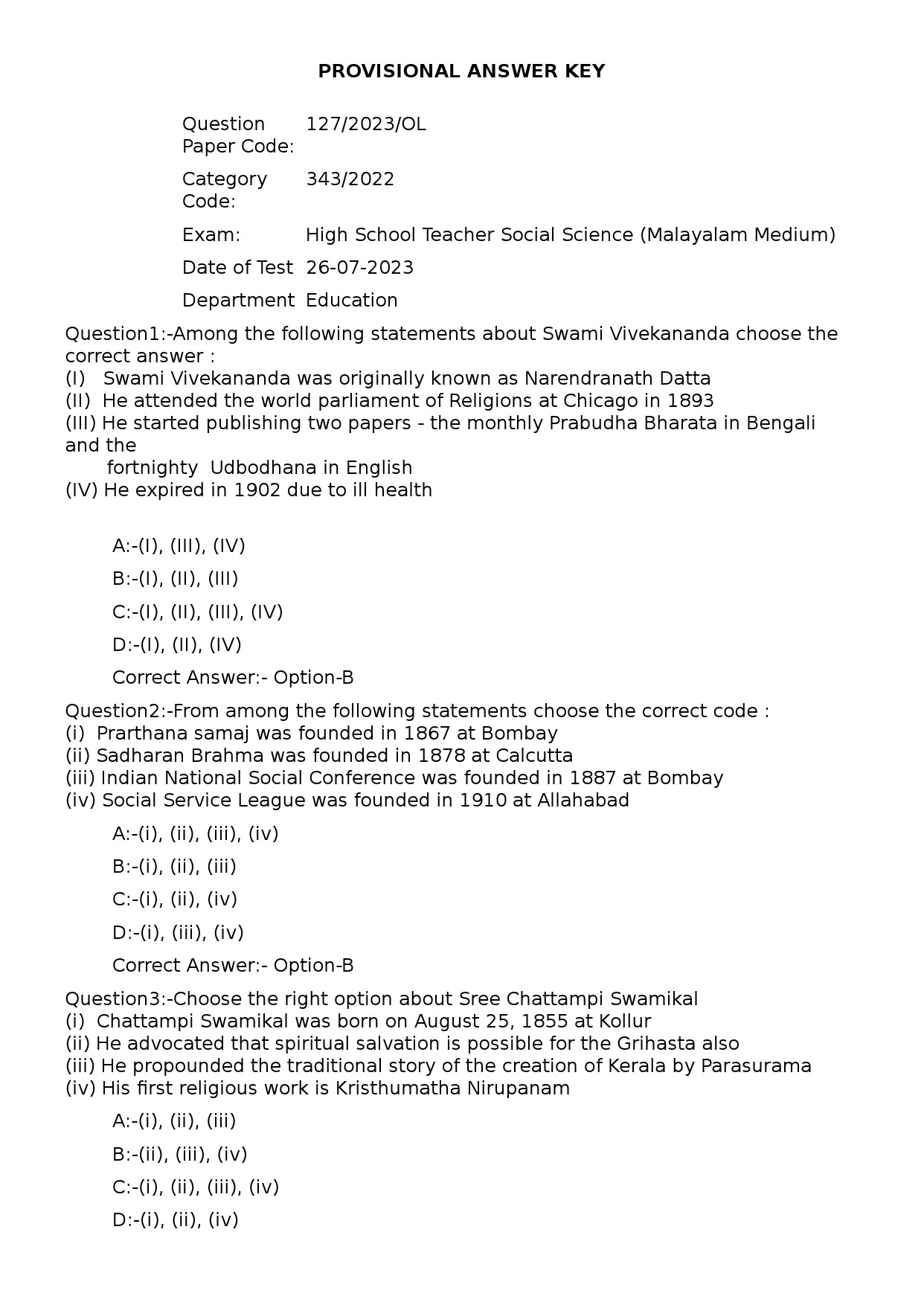 KPSC High School Teacher Social Science Malayalam Exam 2023 Code 1272023OL 1