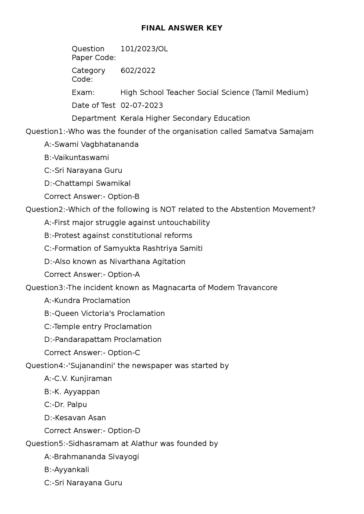 KPSC High School Teacher Social Science Tamil Exam 2023 Code 1012023OL 1