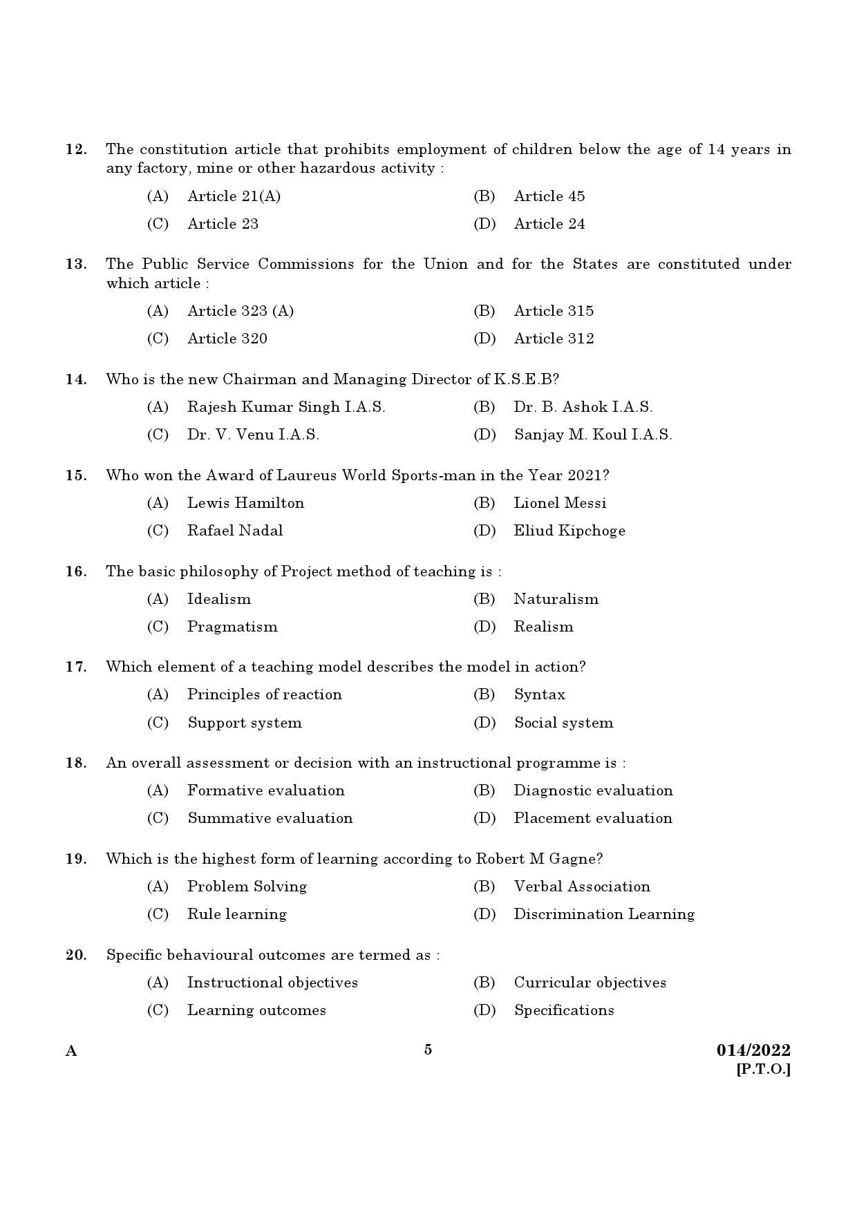 KPSC Part Time High School Teacher Sanskrit Exam 2022 Code 0142022 3
