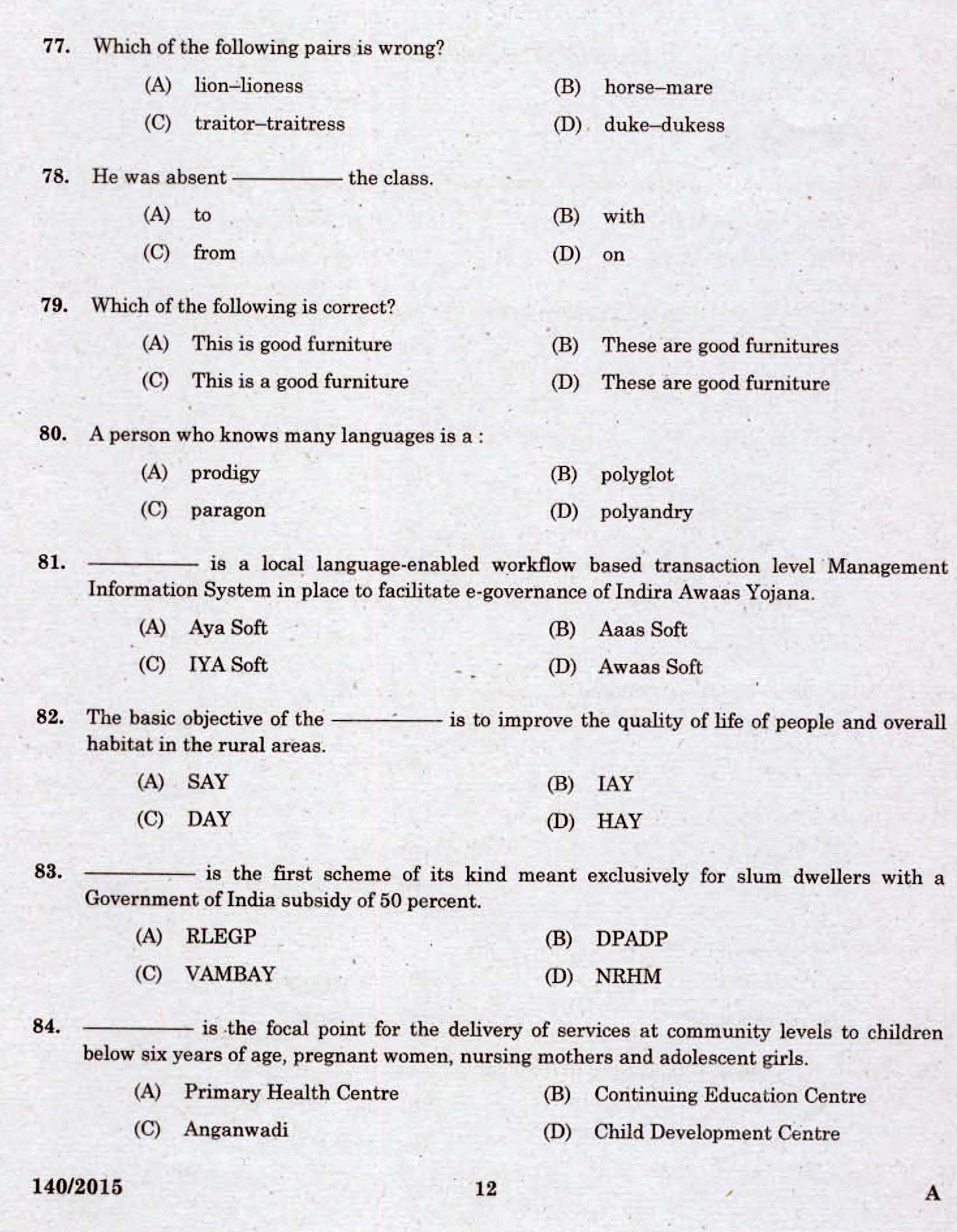 Kerala PSC Assistant Grade II Exam 2015 Question Paper Code 1402015 10