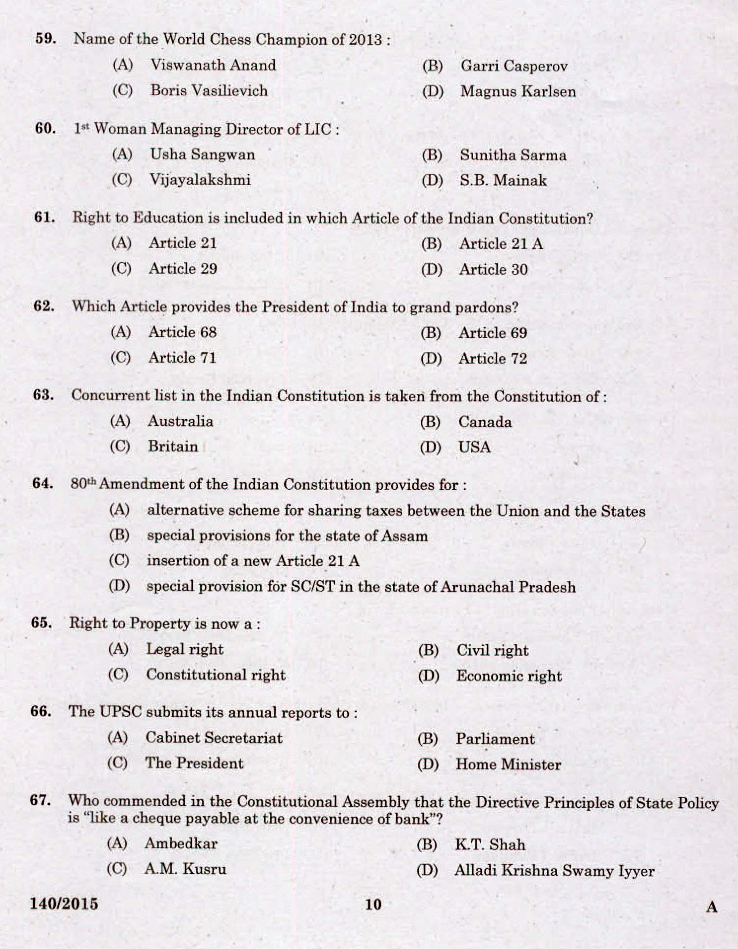 Kerala PSC Assistant Grade II Exam 2015 Question Paper Code 1402015 8