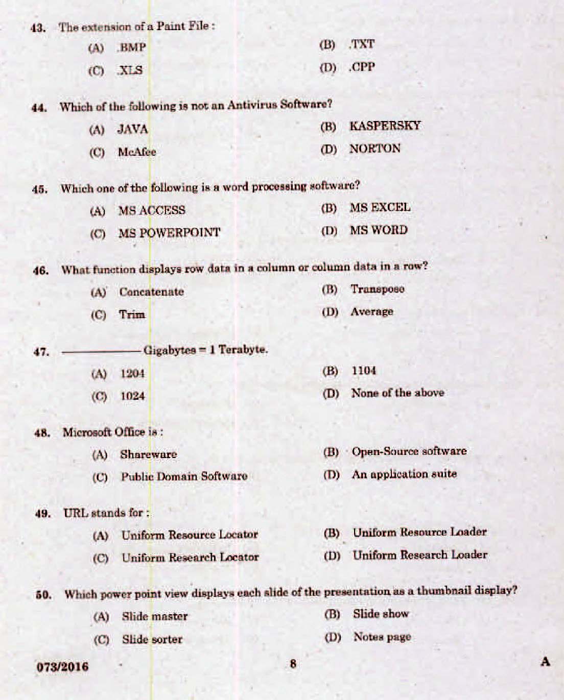 Kerala PSC Computer Assistant Grade II Exam 2016 Question Paper Code 0732016 6