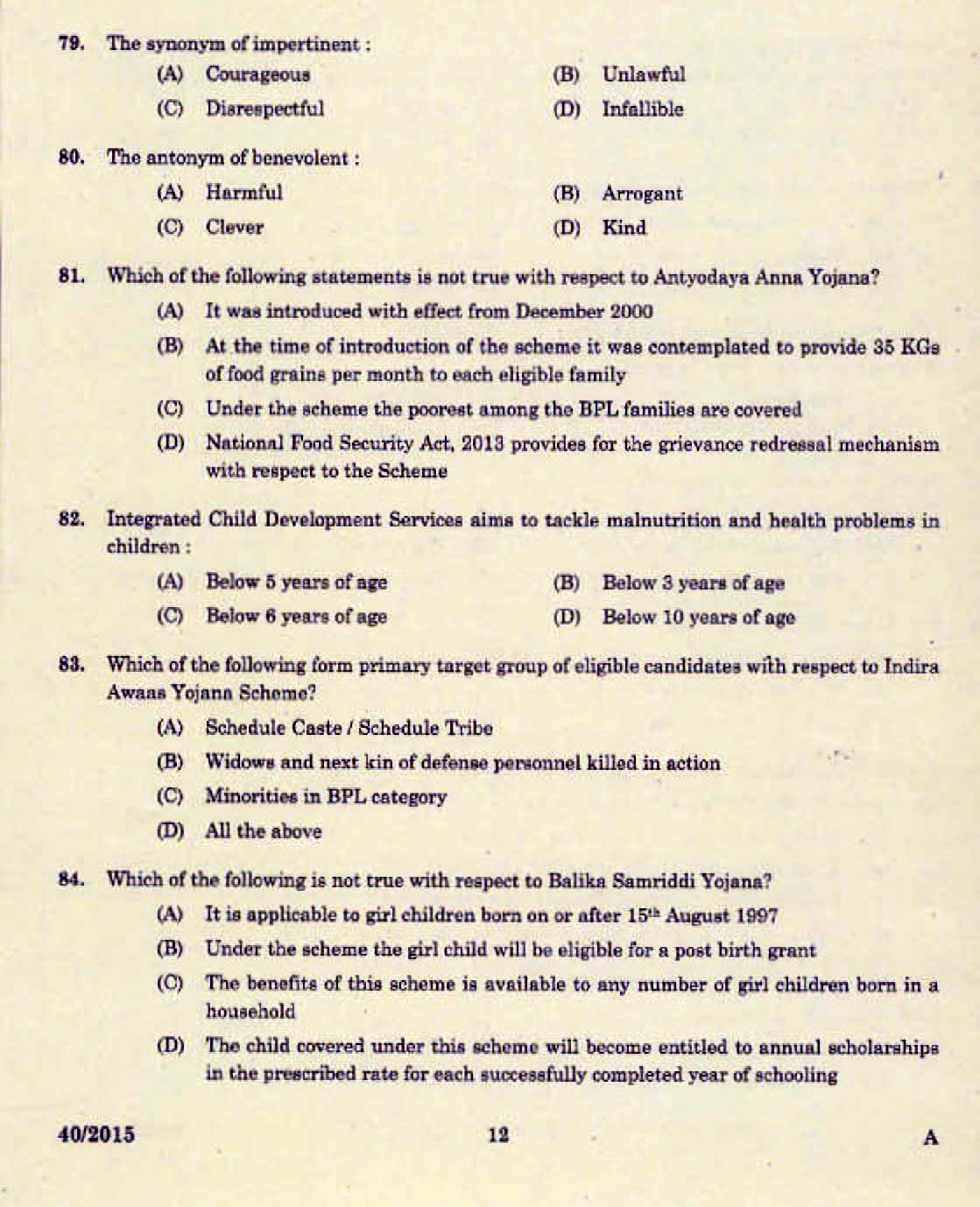 Kerala PSC Junior Assistant Exam 2015 Question Paper Code 402015 10