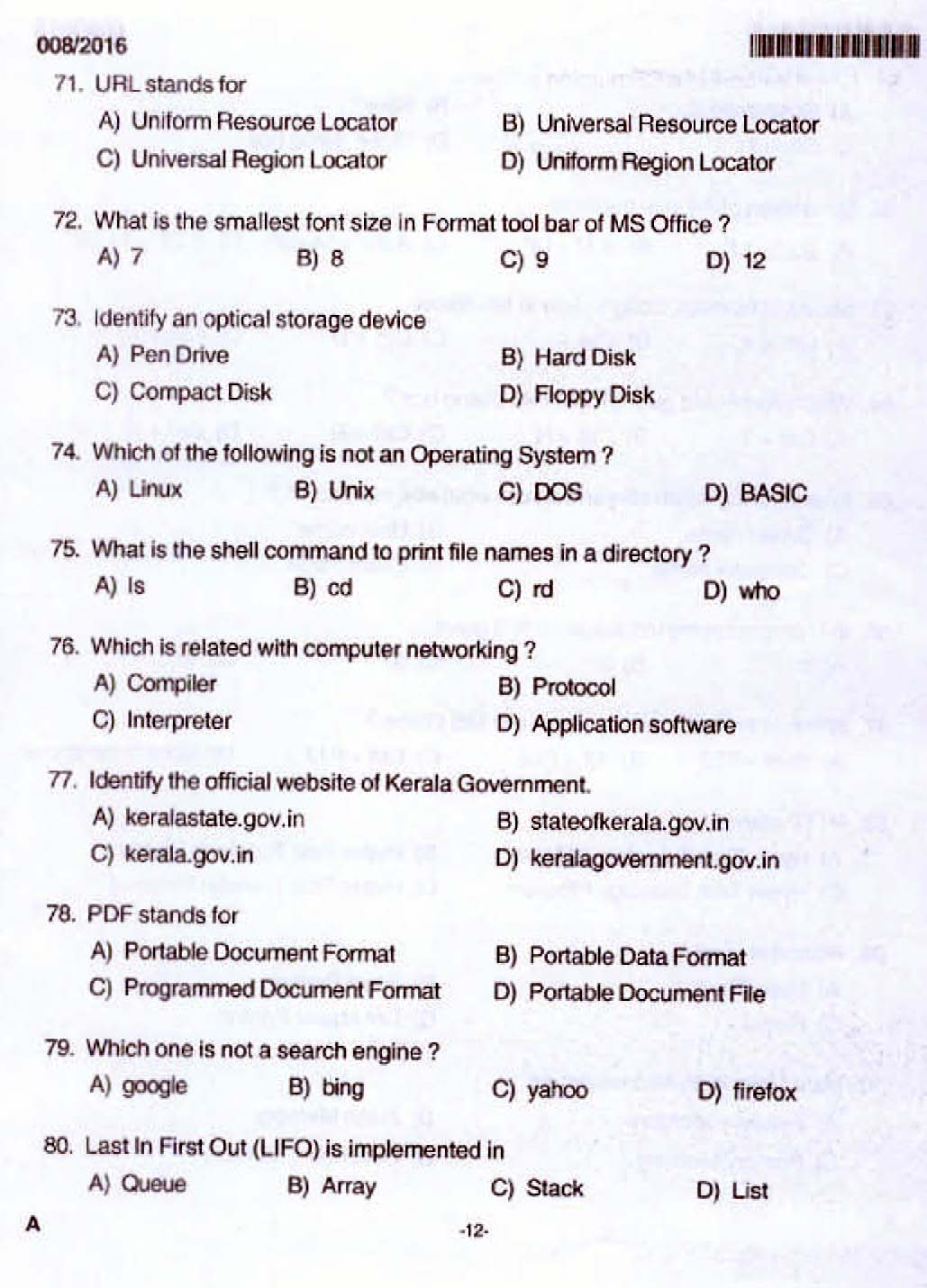 Kerala PSC Junior Assistant Exam 2016 Question Paper Code 0082016 10