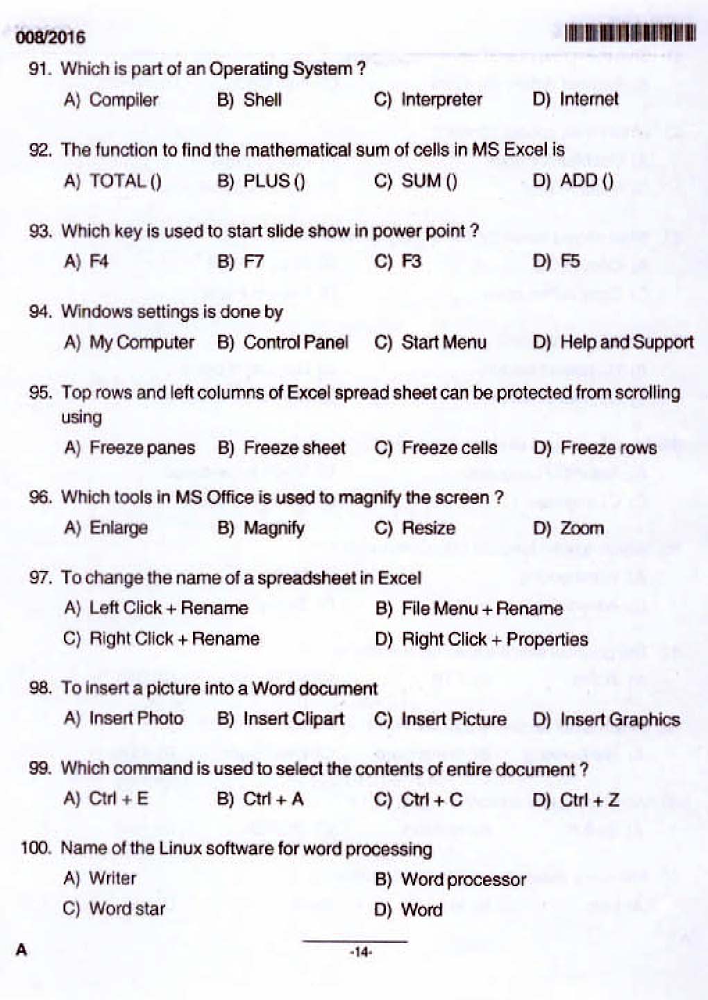 Kerala PSC Junior Assistant Exam 2016 Question Paper Code 0082016 12