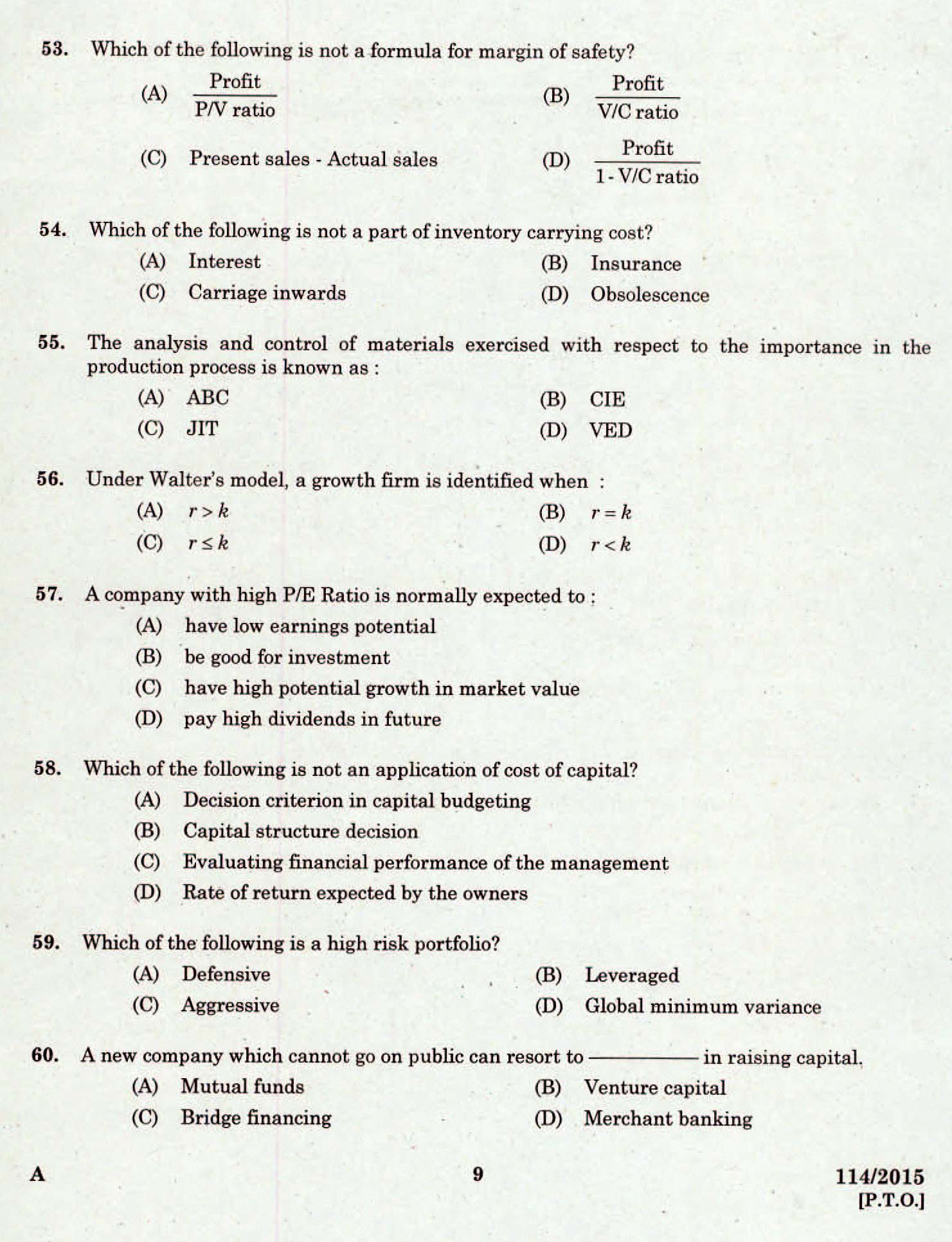 Kerala PSC Junior Costing Assistant Exam 2015 Question Paper Code 1142015 7