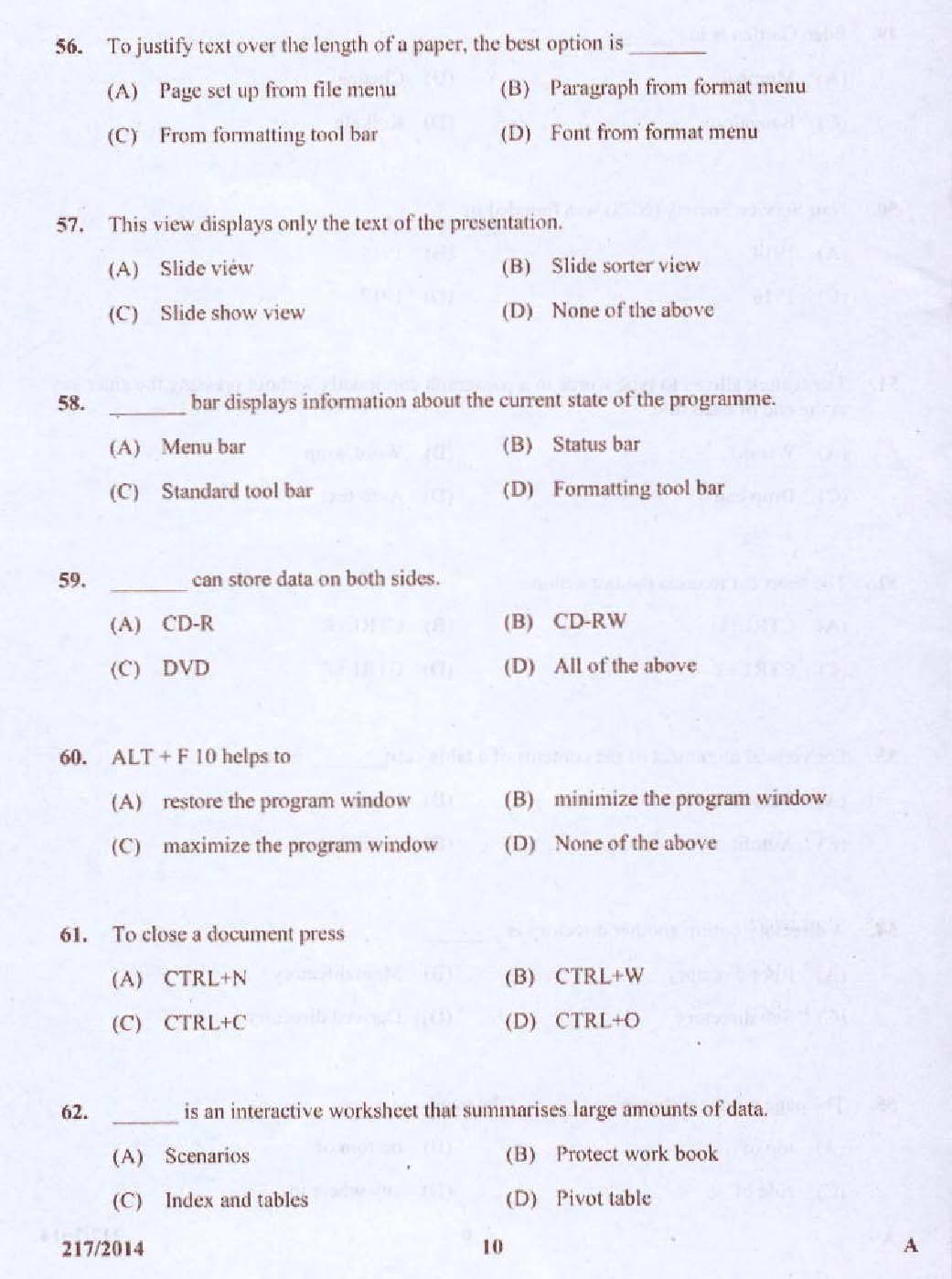Kerala PSC Stenographer Exam 2014 Question Paper Code 2172014 10
